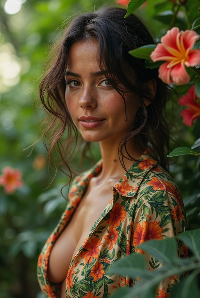 A Brazilian woman in a lush tropical garden, wearing a sexy open shirt, with a close-up capturing the harmonious beauty between her breasts and the natural flowers, showing off your natural charm and outgoing personality.
