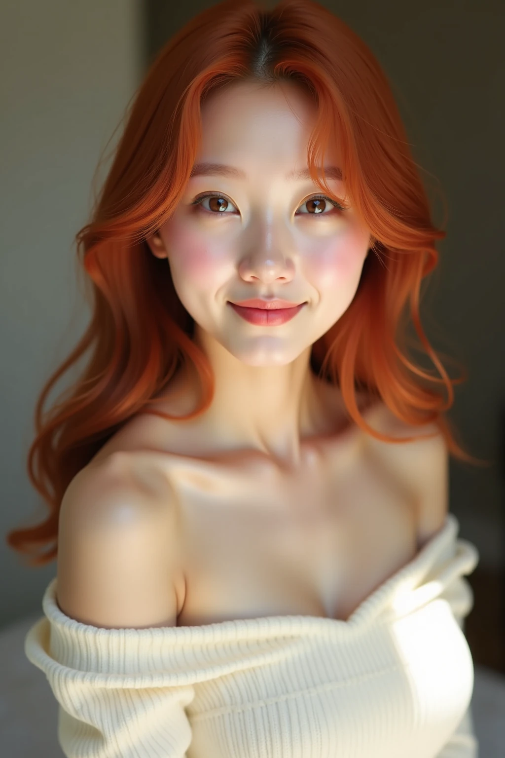 Korean woman with red hair smiling