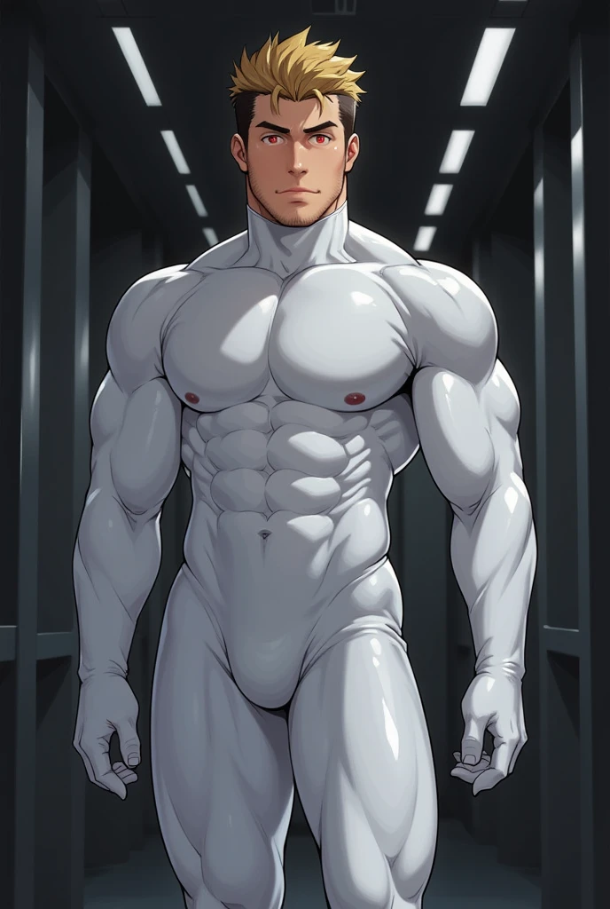 (masterpiece, best quality), 1 old man, handsome beautiful face, muscle male, beautiful body, wearing ayanami plugsuit, bodysuit, interface headset, white bodysuit, nice bulge, nicebulge,