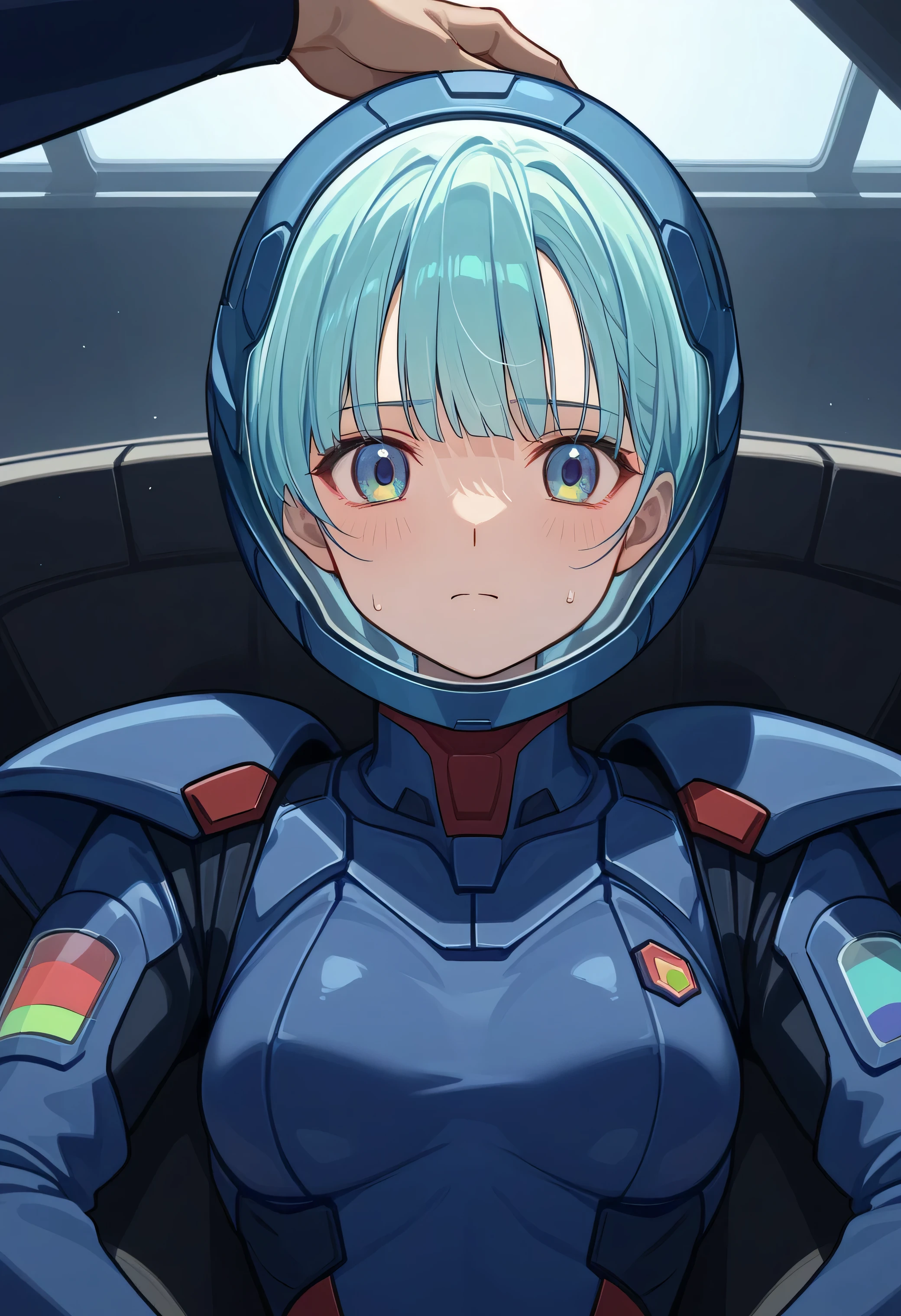 ((Holographic Glow Effect))、 Gundam Wing Cockpit, Lantern、masterpiece、Highest quality、1 person、medium bust、((Album Cover))、Light on Face、slender body、white and blue pilot suit with enamel finish、 elbow length gloves 、long hard boots 、exoskeleton、Metal Gear、cyberpunk style、Gundam Pilot、attention arousal、 bubble helmet 、 space helmet, muvluv, space helm, eva helm,Transparent face guard,Complex and precise instruments