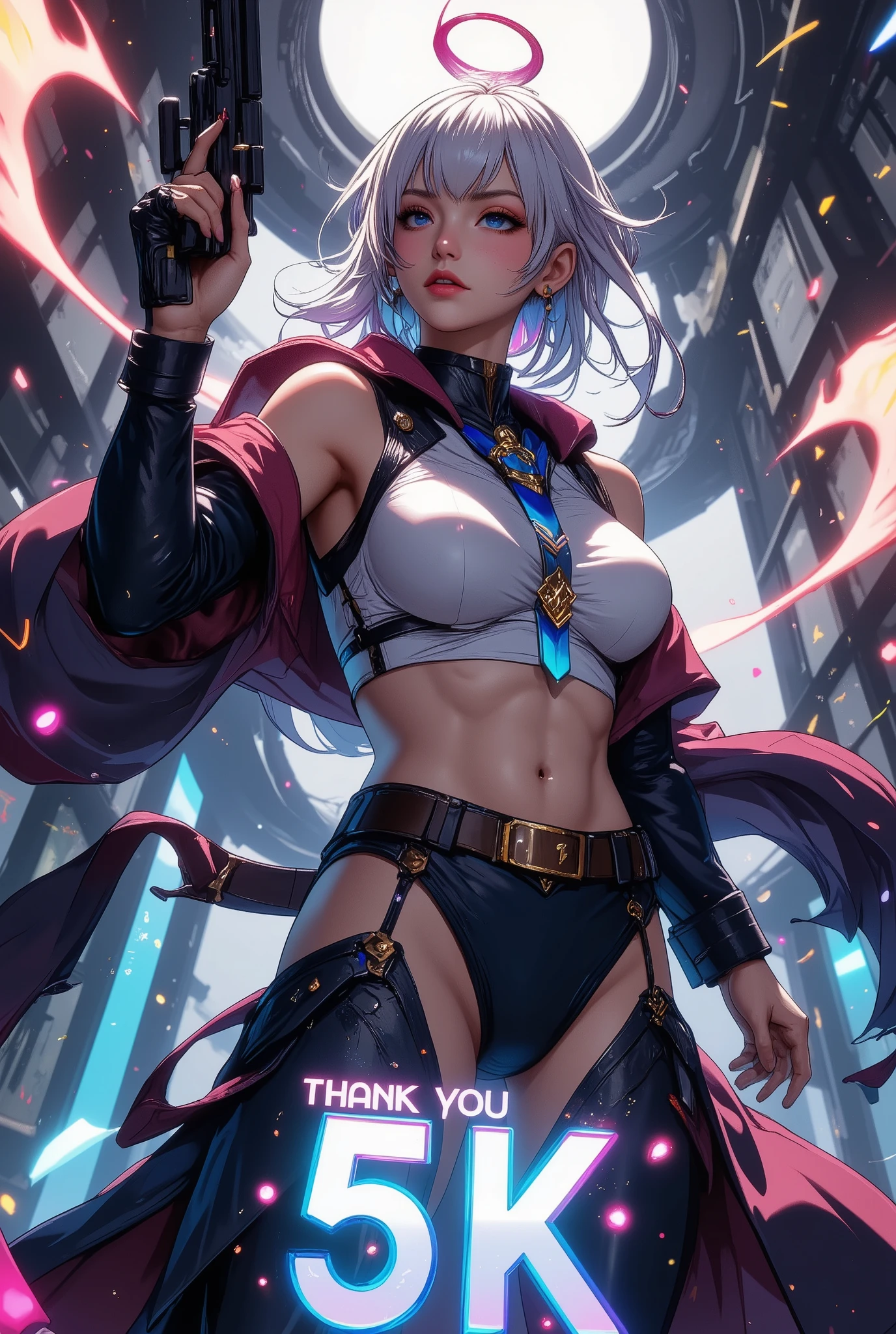 \Character "Atlas"\, upper body, from above, shooting gun action, staring at you with love, {x}, 
(article, "Thank you for 5K followers", Add text"Thank you 5K", holographic font, milestone commemorative work) {x},  