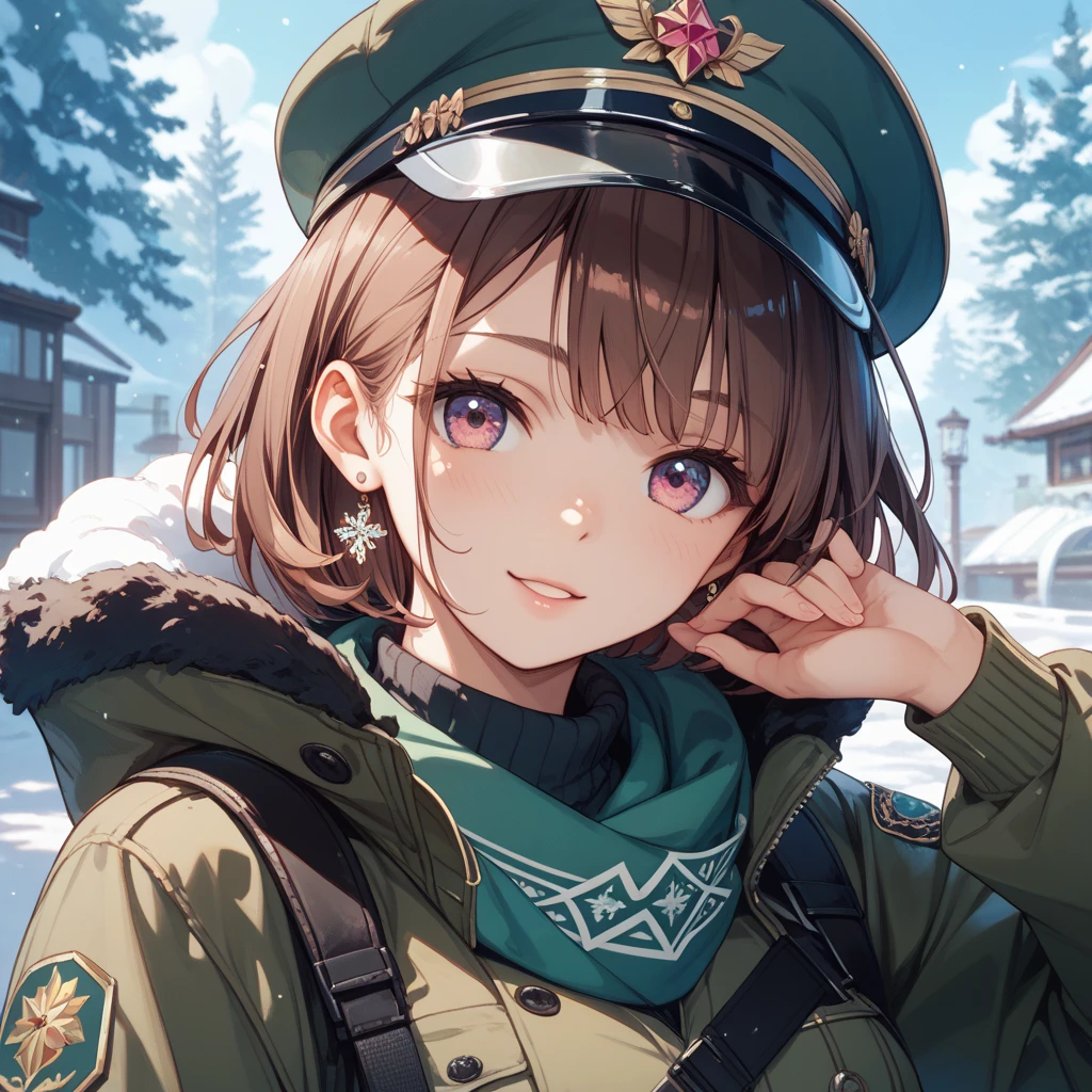 「(8k wallpaper:1.5)、(high-level image quality:1.3)、(animesque, illustratio:1.5)、(girl with、kawaii:1.8)、(beatiful detailed eyes:1.3)、(A slight smil:1.1)、(Military Personnel:1.5)、(Urban area:1.3)、(sepia, gradients:1.5)」