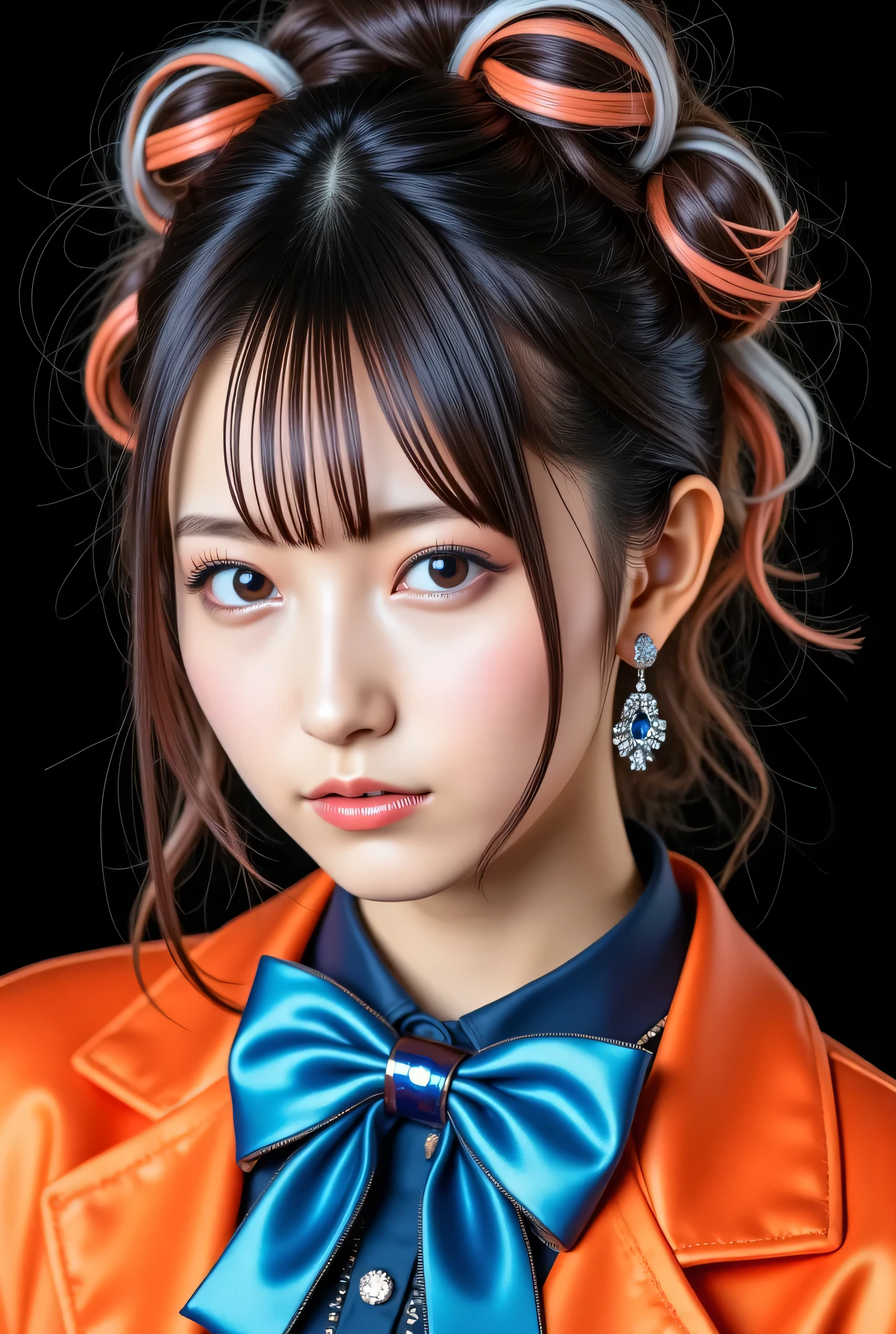 A highly detailed, photorealistic image of a stunning female model with extremely long hair in five vibrant colors (silver, orange, etc.). Her face is incredibly cute, with highly detailed features and piercing eyes. The model has a fresh, clean appearance with puffy skin texture. She's wearing a torn, tight, gigantic latex pleated dress in bright tones, shiny and metallic. The studio lighting accentuates her curves, and the focus is on her upper body. Her hair is styled in an up-do, and she's accessorized with a Candy Blue Shiny Metal Satin bow tie and bold satin shirt. The camera captures her from a unique angle, showcasing the fusion of traditional attire and Gothic fashion elements.