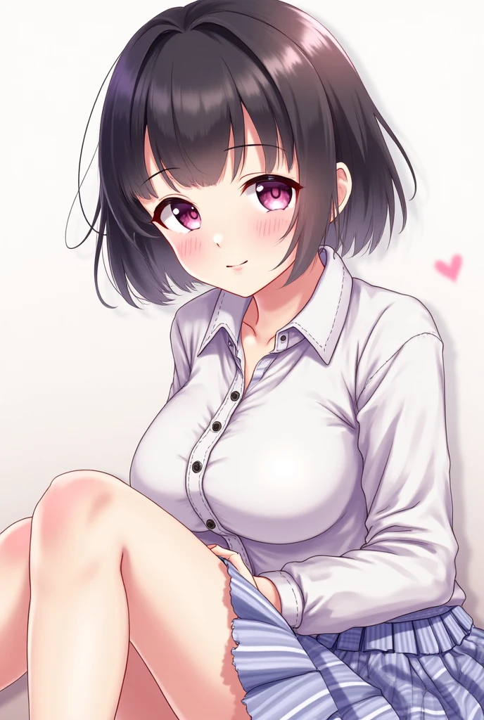 Girl kneeling while sticking out her tongue and on her tongue there is a thick , she has a face of pleasure and is blushing, she has a white shirt that is a little transparent, she has short shorts, she has short black hair, she has big breasts, thighs and butt, She is licking a man's penis