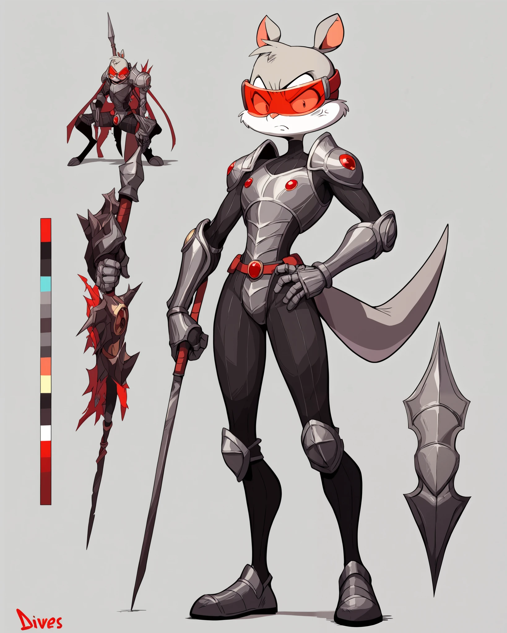 A full body view of Louis Lightweight aka Tremor the male anthro squirrel (Tremor wears heavy silver armor covered in rivets. It has a hole for his face and multiple areas of textured detail to make the mask look more intimidating. He has a red visor and an angry expression. The other side shows Tremor in a scowl. Tremor's body and legs are dark grey with flat silver and red detailing. The feet are printed with flat silver boots. The torso's printing shows armour with more red and flat silver detailing, as do his legs. Tremor wears large flat silver fists over his hands) Junkyard background. The character sheet contains information about his species, level, health, and other attributes., tiny toons style, by diives, 