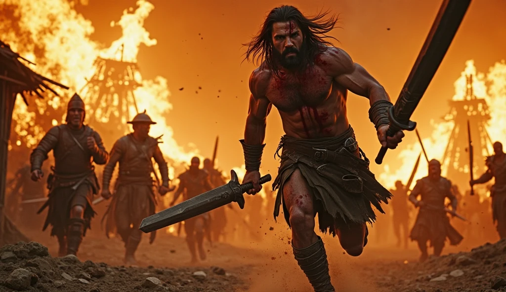 Man fighting demons in hell while playing heavy metal