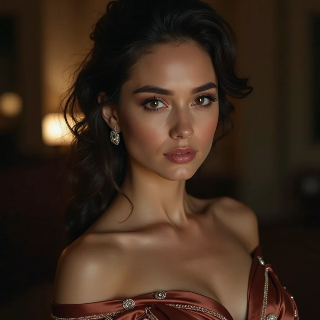Image Title: "Enigmatic Allure"][Description]: This image showcases a lady whose beauty is both enchanting and mesmerizing, with eyes that can captivate and enthrall anyone who gazes into them.[Image Details]:Setting: The background is an opulent, ancient palace garden under the moonlit night. The garden is filled with exotic flowers and lush greenery, illuminated by the soft glow of lanterns hanging from intricately carved wooden arches. A tranquil fountain in the center reflects the shimmering moonlight.Appearance:Face: Her face is stunningly beautiful, with a perfect complexion that glows even in the moonlight. Her eyes are the most striking feature, a piercing shade of deep emerald green that seems to see into the soul. They are framed by thick, dark lashes and arched brows that add to their intensity.Hair: Her hair is raven black, sleek, and glossy, cascading down her back like a waterfall of silk. It creates a stark contrast against her fair skin, enhancing her enigmatic allure.Smile: Her lips are full and painted a deep, alluring red, curved into a mysterious smile that hints at untold secrets and unspoken stories.Attire: She is adorned in an elegant, deep crimson gown that clings to her figure in all the right places. The gown is embellished with intricate gold embroidery that adds a touch of regal splendor. It has an off-the-shoulder design, accentuating her graceful neck and shoulders.Accessories: She wears a statement necklace adorned with rubies and diamonds that catch the light and add a touch of glamour. Her ears are adorned with matching ruby earrings that glimmer with every slight movement.Pose: She stands by the fountain, her body slightly turned to one side, creating a sense of mystery. Her gaze is direct and piercing, eyes locked onto the viewer, drawing them into her enigmatic world. One hand delicately touches her necklace, while the other rests elegantly at her side.Lighting: The lighting is soft and dramatic, with the moonlight casting a gentl