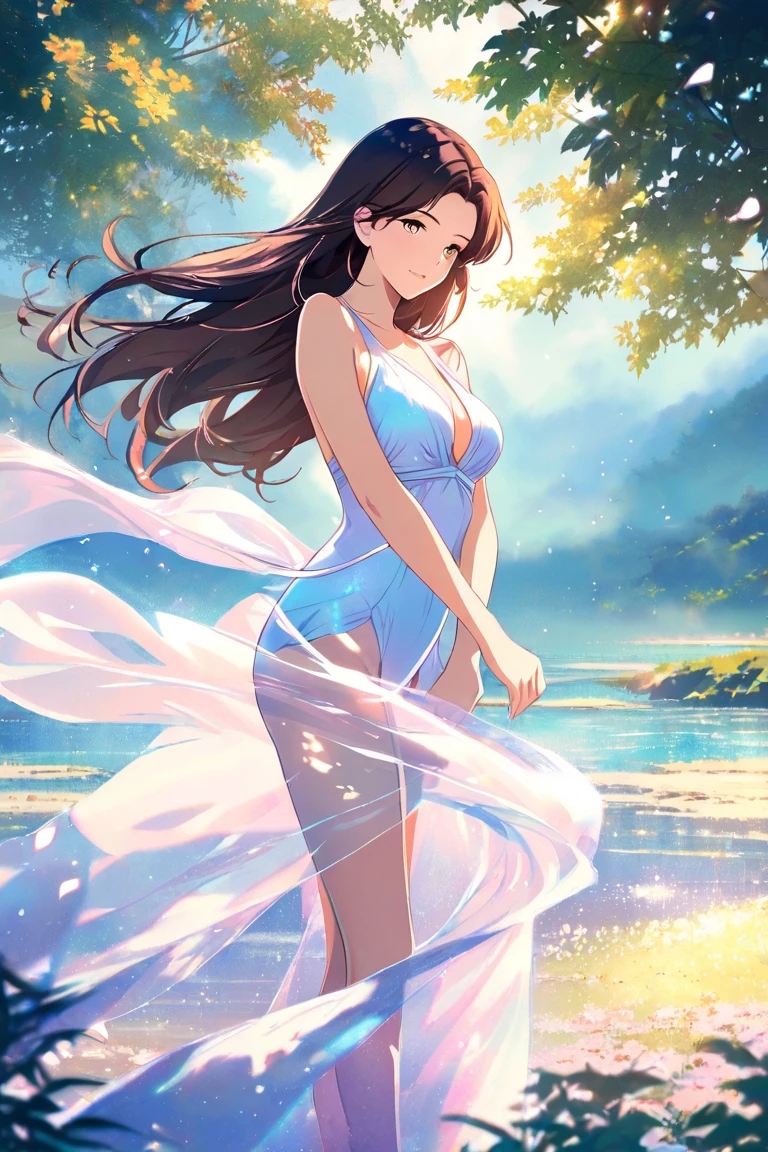 {{masterpiece}}, The best quality of life, 、Dark brown long hair down to the waist、Anime Girls with brown long hair, Cute female anime visuals,Anime full body illustration, Anime Moe Art Style, Anime characters, (Anime Girls)、(Green Eyes)、Expressionless adult woman、Small Necklace、((White background))、White halter bikini、She is wearing a light blue sarong around her waist.、A woman standing in white sandals、Large Breasts,Woman standing facing the front、tall、Stylish woman、The belly button is visible