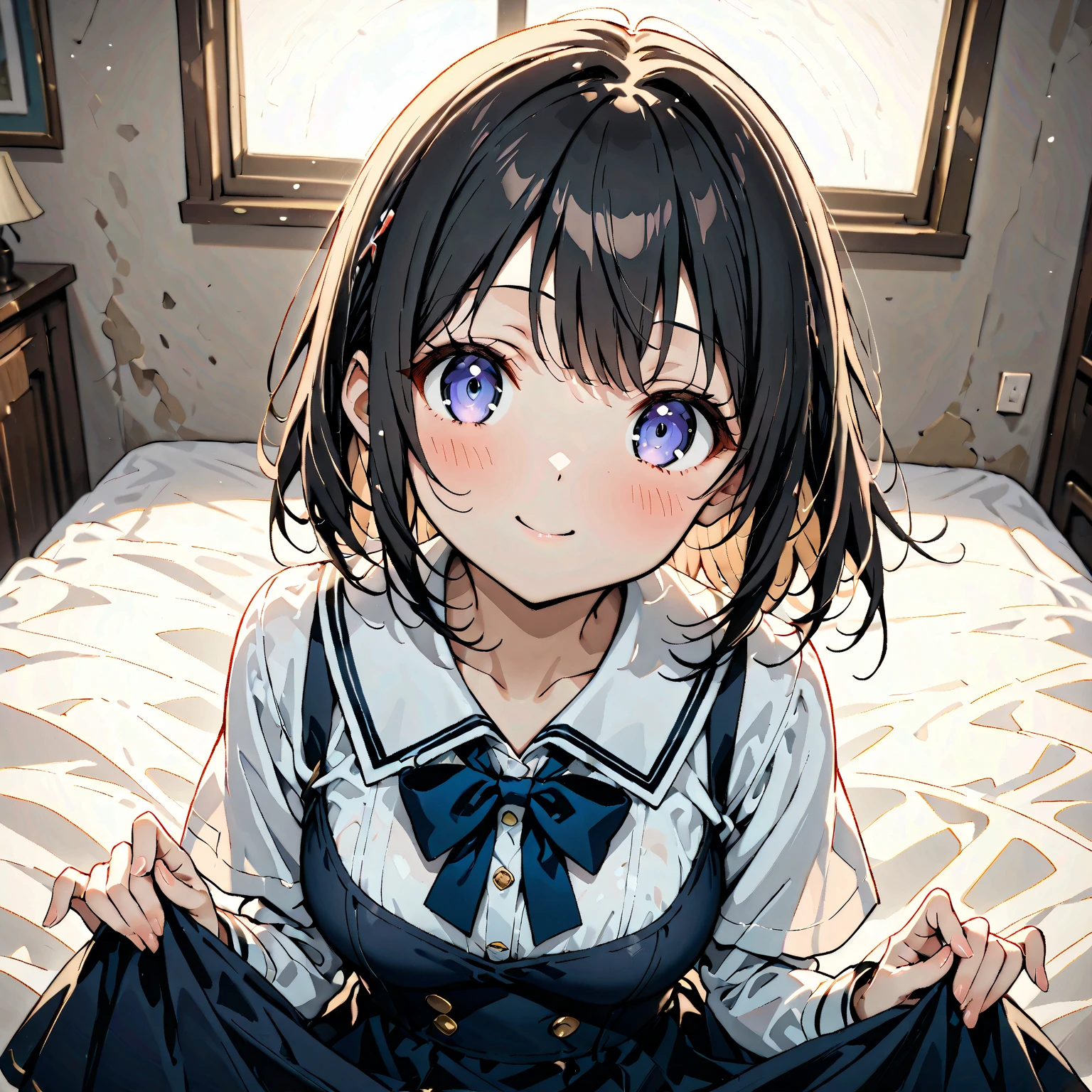 absurdres, RAW photo, extremely delicate and beautiful, masterpiece, Best Quality, ultra high resolution, 32k, hyperrealistic, ultra-detailed, perfect figure, in her 20s, very small head, very small face, delicate facial features, tearful mole, earring, very huge breasts, full body shot, medium hair, black hair, school_uniform, short skirt,