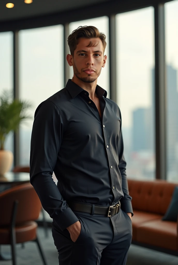photo of a hansome man, openned formal wear shirt, wearing formal bright dark mate pants, muscular, stubble, mature chest, cinematic lighting, sitting in a chair at the office,(8k, RAW photo, best quality, masterpiece), (realistic, photo-realistic), sole of feet with social black socks, hand touching bulge, notebook on table.