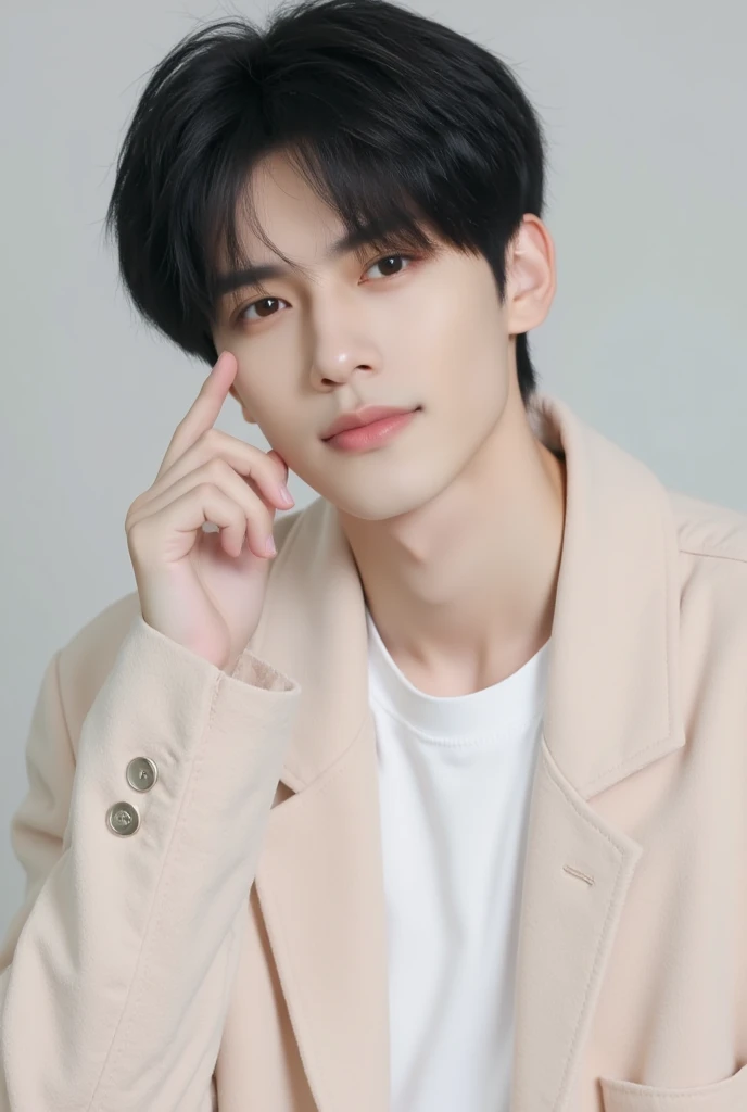 1 man、Please take a soft idol magazine style photo。The clothes are soft and pastel colors、make sure the model is smiling gently