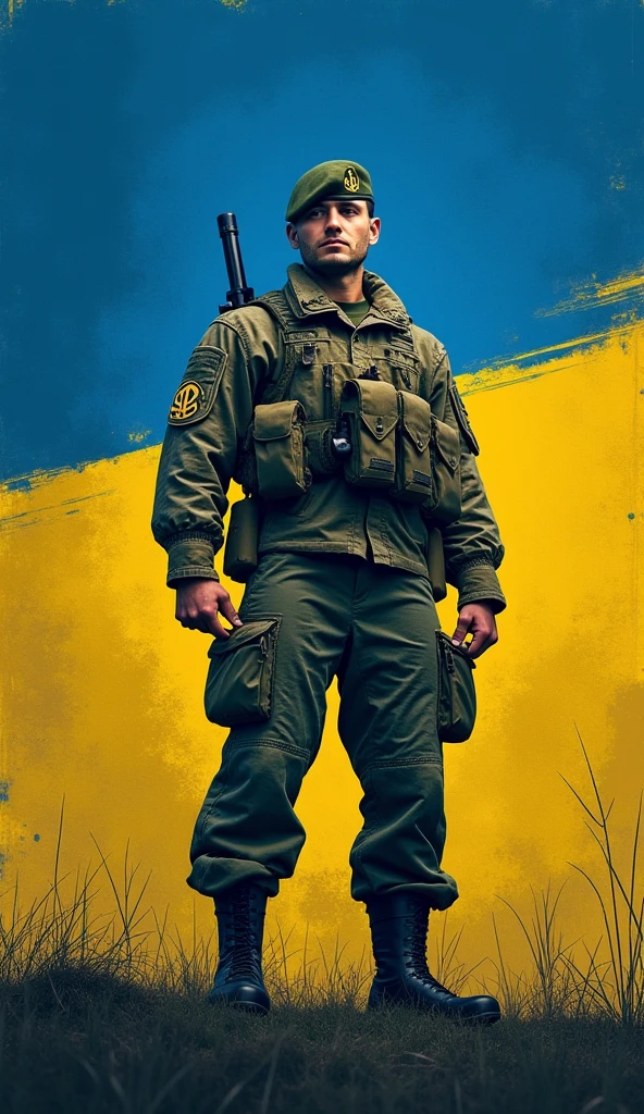 Strong, bearded young Bolivian soldier, dressed in the olive green camouflage combat uniform, with a beret on his head and boots on his feet, saluting the Nicaraguan flag.