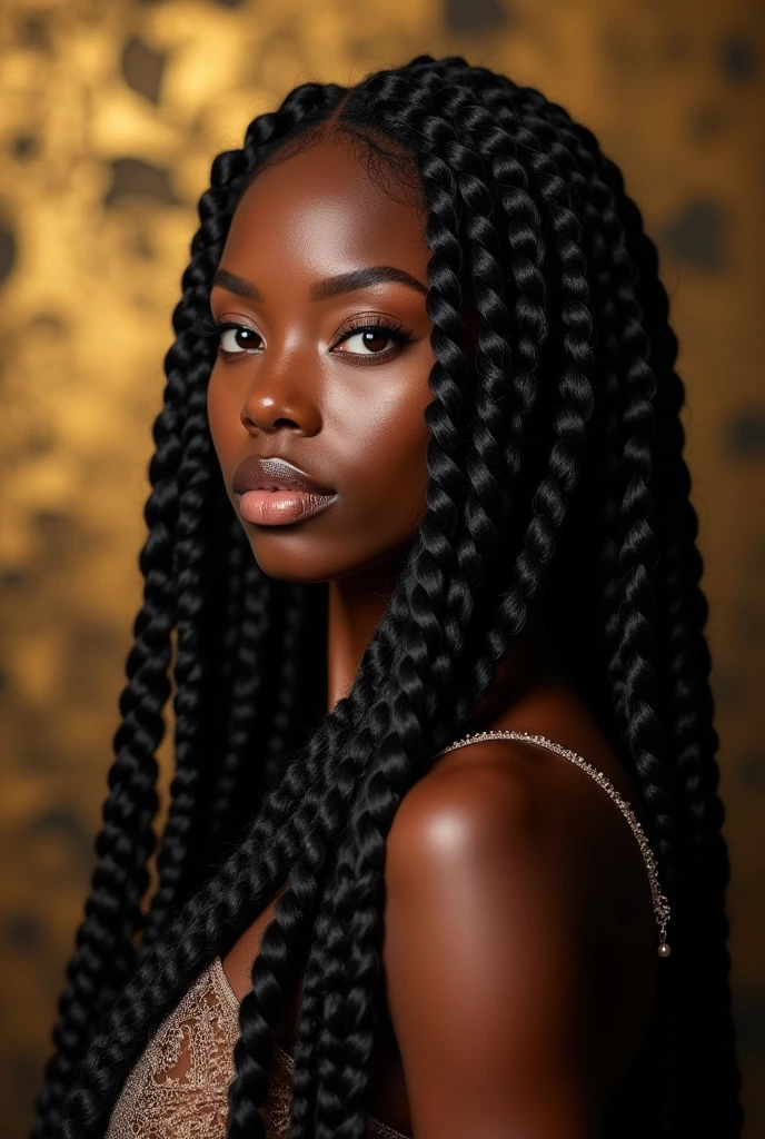 a beautiful black woman with beautiful long black braided hair, long eyelashes, natural full lips, professional shoot, 85 mm, professional makeup, natural light, styl watercolor painting , white bacground --auto --s2