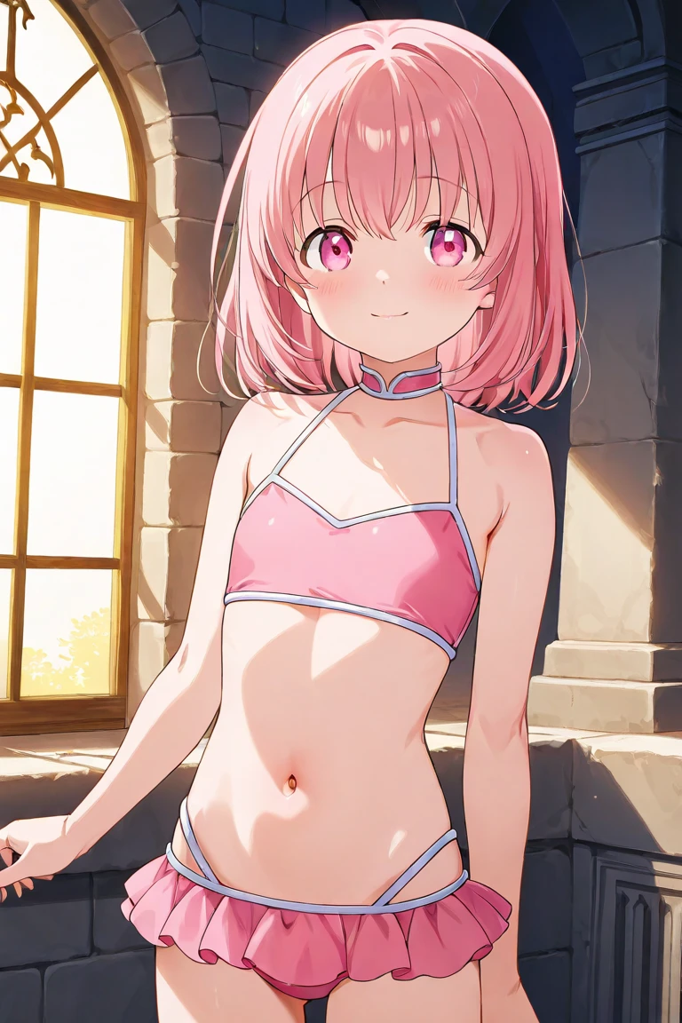 sylvie, anime art style, 1girl, solo, looking_at_viewer, smile, short_hair, bangs, navel, animal_ears, bare_shoulders, closed_mouth, green_eyes, standing, collarbone, pink_hair, braid, rabbit_ears, flat_chest, crossed_arms, revealing_clothes, pelvic_curtain, loincloth