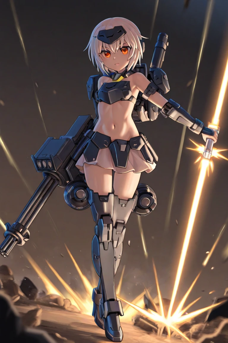 {(japanese young girl)}, (She is fused with futuristic Gundam mecha:1.2), with headgear, with v-fin , ((unarmored cleavage)), ((unarmored stomach)), ((unarmored upper arms)), ((unarmored face)), (unarmored hands), (unarmored waist), ((unarmored thighs)), (unarmored ankles), japanese girl wear light blue and white striped pantie under armor, full body:1.5, ,destroyed city background, multilayer textureperfect proportions, octane rendering, duotone lighting, Low ISO, wide aperture, White balance, Rule of thirds, ultra HD16k, HDR (High Dynamic Range), Ray Tracing, NVIDIA RTX, Super Resolution, Subsurface Scattering, PBR Texturing, Post Processing, Anisotropic Filtering, Depth of Field, Maximum Clarity and Clarity, High efficiency subpixel, subpixel convolution, particles of light, light scattered, Tyndall effect, full body:1.5, battle pose, cute, (cute:1.2), (bob cut:1.3),三つ編み, 黒髪, 太い眉毛, 薄い色の虹彩, 大きくて輝いている黒い瞳, 長いまつげ, 小さく薄い色の自然な唇, (Average face of Japanese idols), (日本人特有の童顔:1.3), (baby face), 広いおでこ:1.2, ふっくらした頬, 小さな顎, visible side boob, (mechanical wings), holding weapon,holding huge weapon, holding Very large shield, , asymmetric body,looking at viewer,Focus on the eyes,with sleek and menacing design,