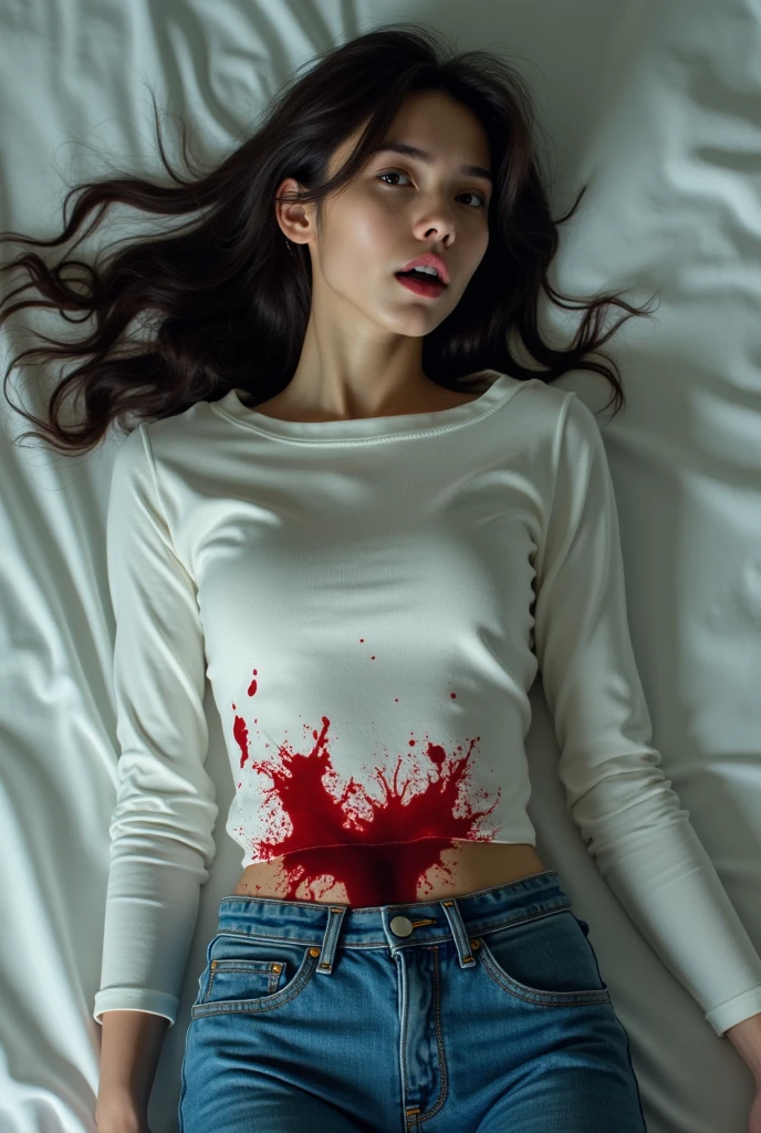 (photorealism:1.2), beautiful and hot brunette Woman, with beautiful body and legs, big tits, beautiful nose, thin face, Pale skin, curly hair, dressing sexy clothes, white t-shirt and Black shorts, dead on The floor, Closed eyes, falled out with a gunshot and blood dripping of The body. ((Hiper realista)) ((Hiper detalhado)) ((4k Photo))
