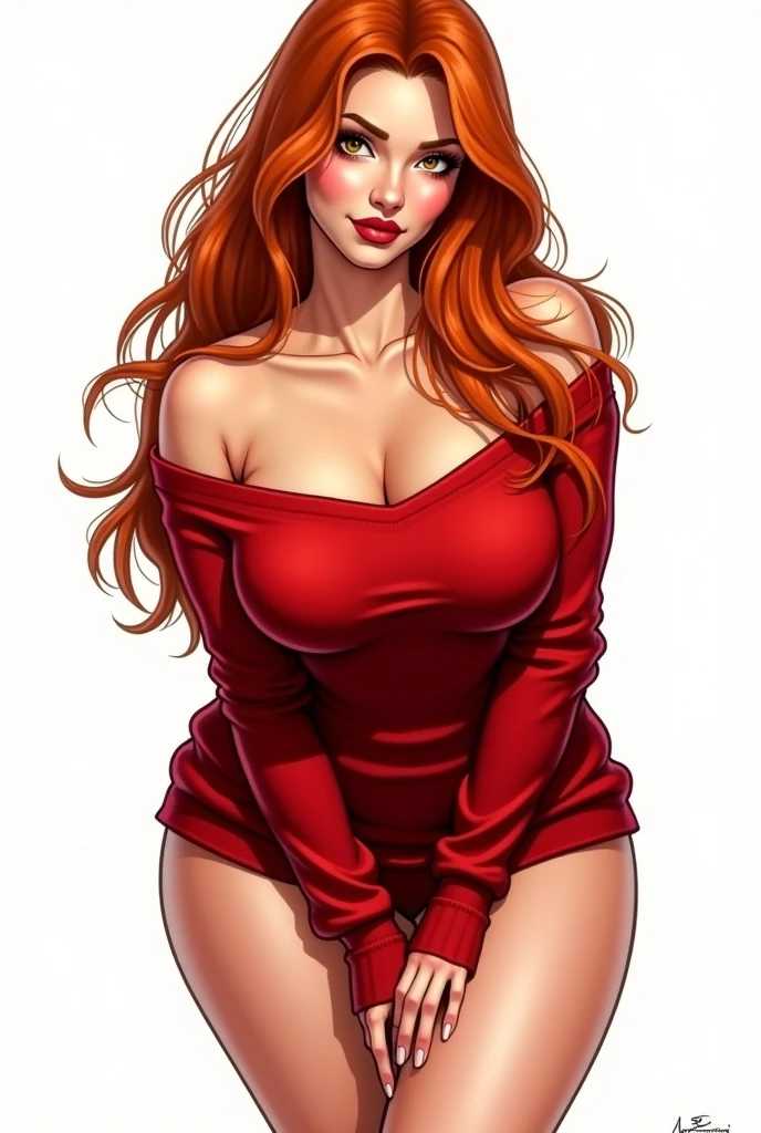 Mulher ruiva, corpo inteiro andando, olhando para frente, com salto, vestido leve