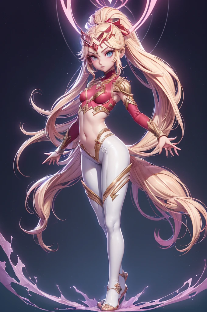 shortstack girl, small girl, long blonde hair, twintails hairstyle, pointy ears, wide hips, huge breasts, pink leotard, full body, standing, crown, princess, curvy