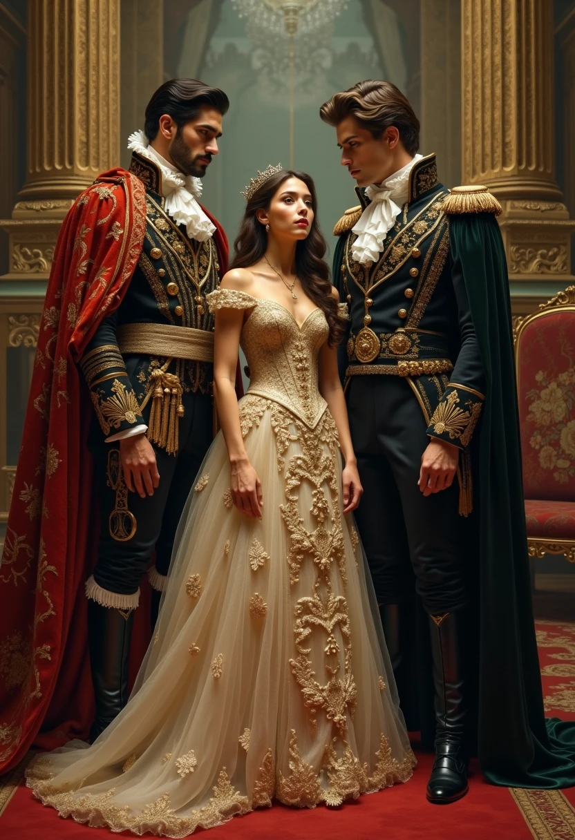 A young lady in bronze tanned skin that highlights her unusual yet beautiful golden eyes. Her black obviously silky hair is tied in an updo. She wears a luxurious black gown adorned pearls and studded with gold blending nicely with her complexion by her right is a young man with light blonde hair and shimmering blue eyes dress in a silver lined golden royal attire with honour medallions indicating his high status by her left is a handsome young man looking both dashing and intelligent, he has an amazing smile that has a hint of wildness which himself doesn’t notice with a hint of intelligence in his eyes, his royal attire is the same as Nicholas but all the gold is replaced with bronze and instead of a white royal outfit he uses a black one, remember that Daphne is sitting on the throne in the middle of the two gentlemen which are on her right and left. Their in the middle of a large palace room and they have stairs beneath the floor they’re standing on showing their high authority 