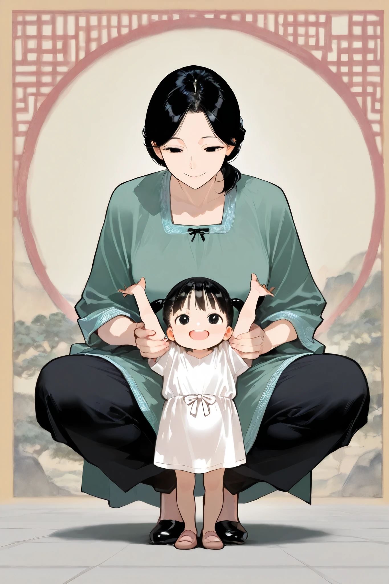 best quality, masterpiece, 1 girl,black eyes, black hair, linen tunic, traditional china background, mother, father, happy family, full body
