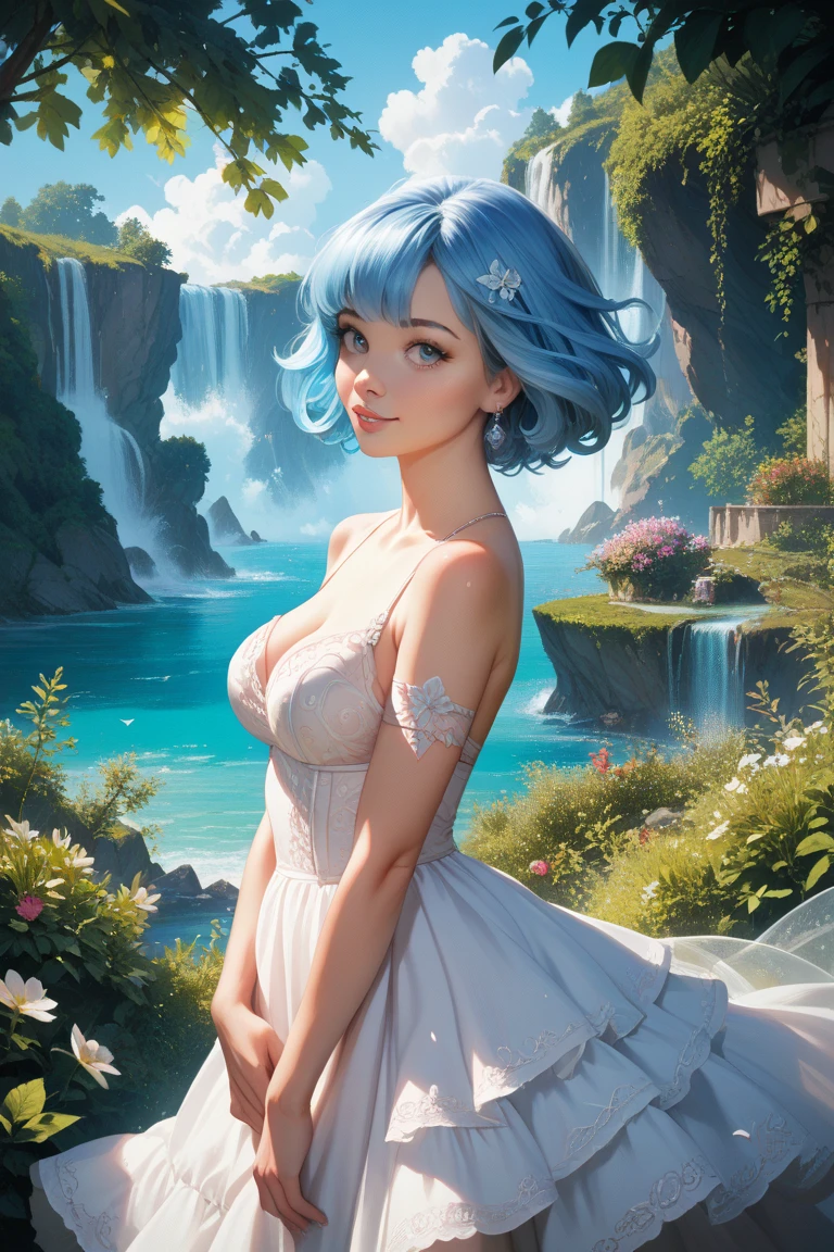 Dragon Ball Z,Bloomer,Light blue hair color,Beautiful Hair,Shortcuts,beautifully arranged bangs,Pale blue eyes,White skin,Photorealistic,Ultra HD,high quality,masterpiece,Digital SLR,Detailed details,Intricate details,Anatomical basis,Depicted in detail,A detailed face,Realistic skin texture,Vivid details,Perfect Anatomy,Perfect Anatomy,Anatomically correct hand,Anatomically correct fingers,Super Detail,Complex 3D rendering,Sexy pose,Beautiful morning glory(flower),Rainy Sky,Beautiful scenery,Fantastic rainy sky,Picturesque,Pink Lips,smile,Fantastic butterflies々,