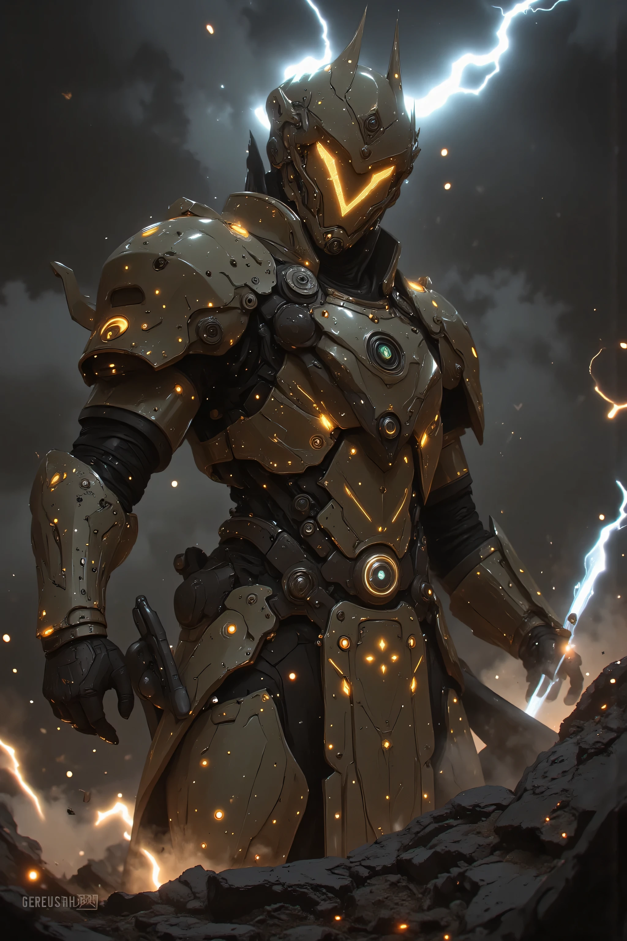 A Hero Landing、 Hero Landing、 samurai、 Suetsu、A cybernetic female cosmic  samurai、[Hero's Landing]: A mighty hero descends from the stormy sky, landing with a thunderous impact. [Golden light radiates from their metal armor], [lightning arcs through storm clouds above], creating [dynamic optical flares]. The ground cracks beneath their feet, sending debris flying. [Eyes full of determination] glow faintly, contrasting the dark and hazardous environment. Cinematic framing with volumetric lighting, HDR rendering for enhanced highlights and shadows. Ultra-detailed textures on the hero's armor and debris.