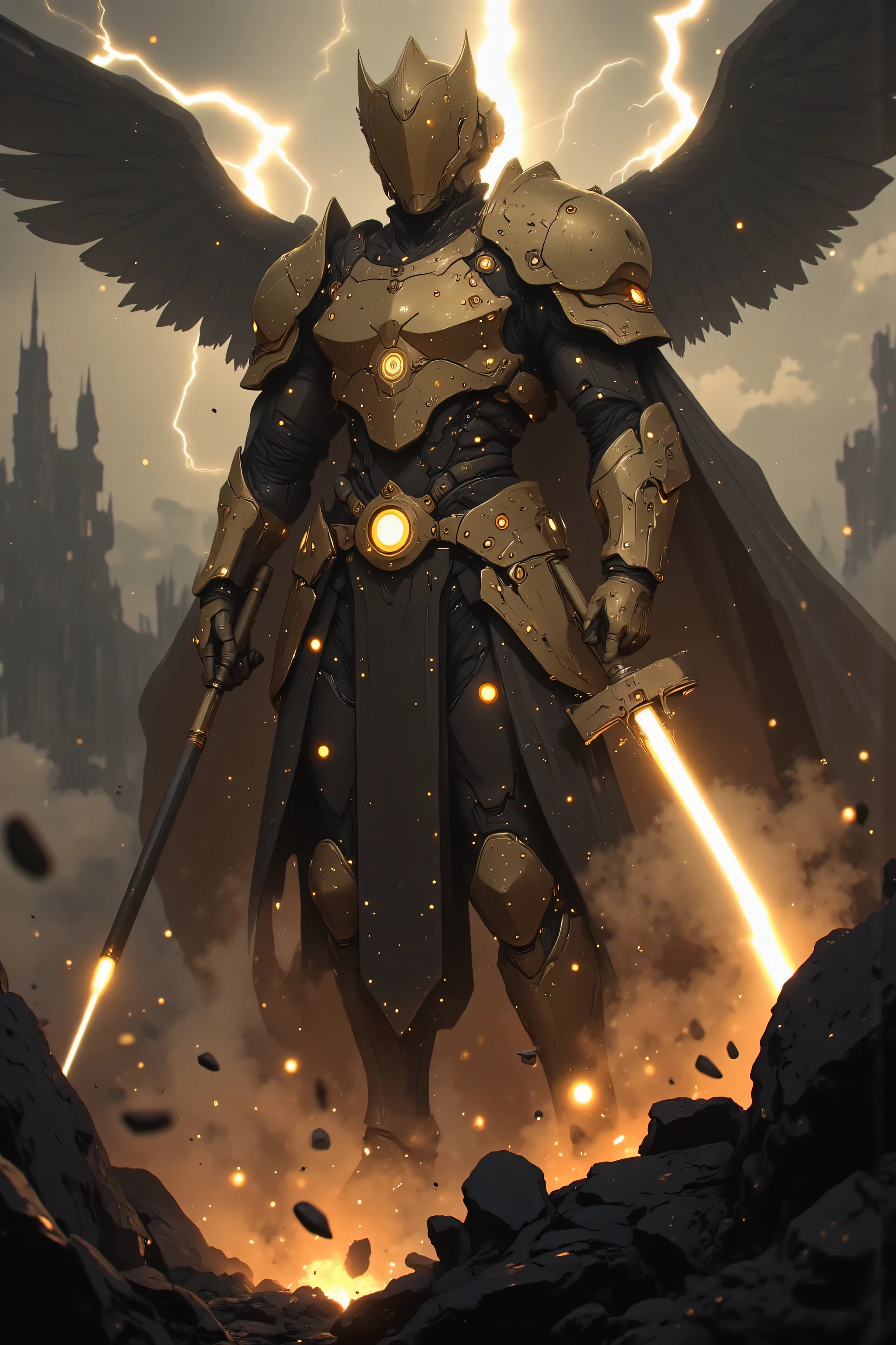 A Hero Landing、 Hero Landing、 samurai、 Suetsu、A cybernetic female cosmic  samurai、[Hero's Landing]: A mighty hero descends from the stormy sky, landing with a thunderous impact. [Golden light radiates from their metal armor], [lightning arcs through storm clouds above], creating [dynamic optical flares]. The ground cracks beneath their feet, sending debris flying. [Eyes full of determination] glow faintly, contrasting the dark and hazardous environment. Cinematic framing with volumetric lighting, HDR rendering for enhanced highlights and shadows. Ultra-detailed textures on the hero's armor and debris.