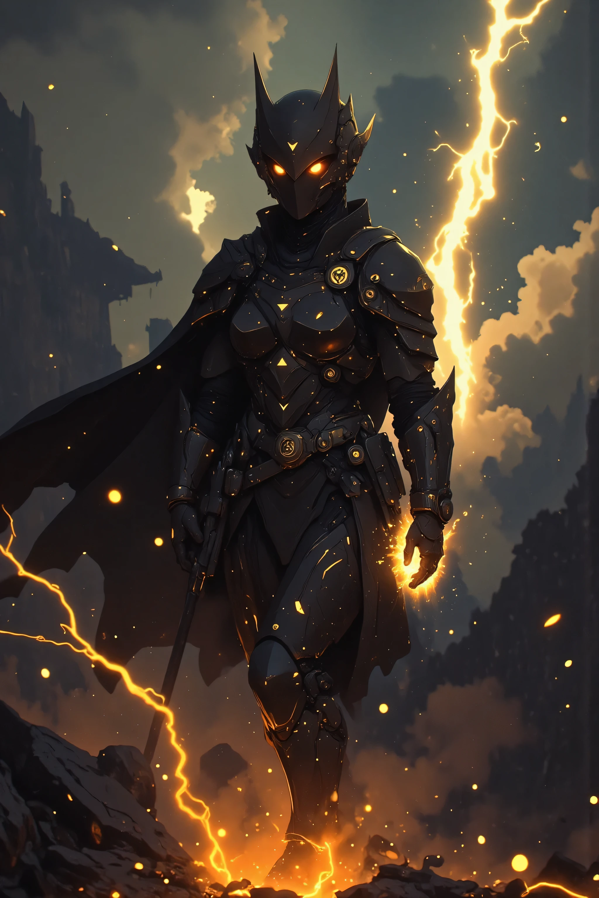 A Hero Landing、 Hero Landing、 samurai、 Suetsu、A cybernetic female cosmic  samurai、[Hero's Landing]: A mighty hero descends from the stormy sky, landing with a thunderous impact. [Golden light radiates from their metal armor], [lightning arcs through storm clouds above], creating [dynamic optical flares]. The ground cracks beneath their feet, sending debris flying. [Eyes full of determination] glow faintly, contrasting the dark and hazardous environment. Cinematic framing with volumetric lighting, HDR rendering for enhanced highlights and shadows. Ultra-detailed textures on the hero's armor and debris.