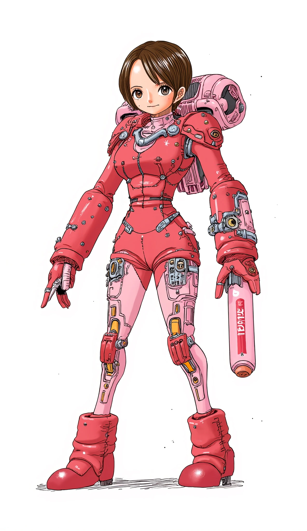 background is stark white、on3pi3c3styl3、ground、pastel collar、Easy-to-read illustrations、 detailed hands、 Details、Perfect piece、HIGH QUALITY、32K、Alone、alone、(full body:1.8)、(Big Breasts:1.4)、cartoon dress character design、detailed illustration、Fine Lines、Portrait Photography、 cute illustrations、(Iron Man、(red & pink)powered suit、Blaster)