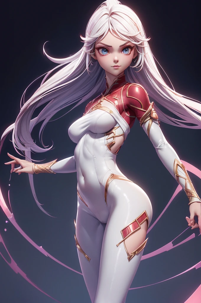 Master anime works,An impeccable masterpiece,8K picture quality: A mature noblewoman in cool sexy clothes standing on solid red background,Female boss,Flowing silver hair,Full-body standing,Slender legs,Straight breasts,Detailed facial details,Naturally beautiful standing,Vivid and authentic body details