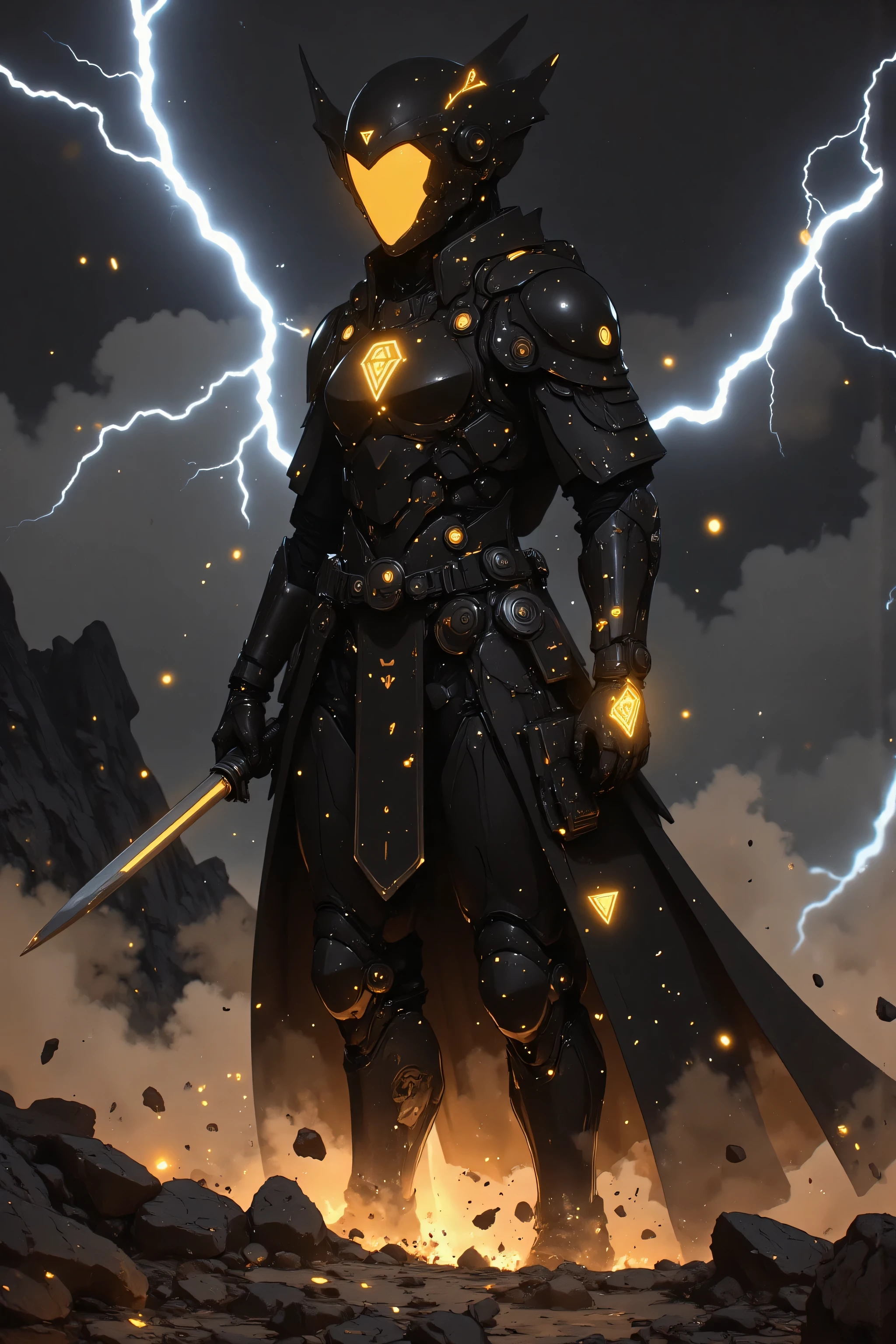 A Hero Landing、 Hero Landing、 samurai、 Suetsu、A cybernetic female cosmic  samurai、[Hero's Landing]: A mighty hero descends from the stormy sky, landing with a thunderous impact. [Golden light radiates from their metal armor], [lightning arcs through storm clouds above], creating [dynamic optical flares]. The ground cracks beneath their feet, sending debris flying. [Eyes full of determination] glow faintly, contrasting the dark and hazardous environment. Cinematic framing with volumetric lighting, HDR rendering for enhanced highlights and shadows. Ultra-detailed textures on the hero's armor and debris.