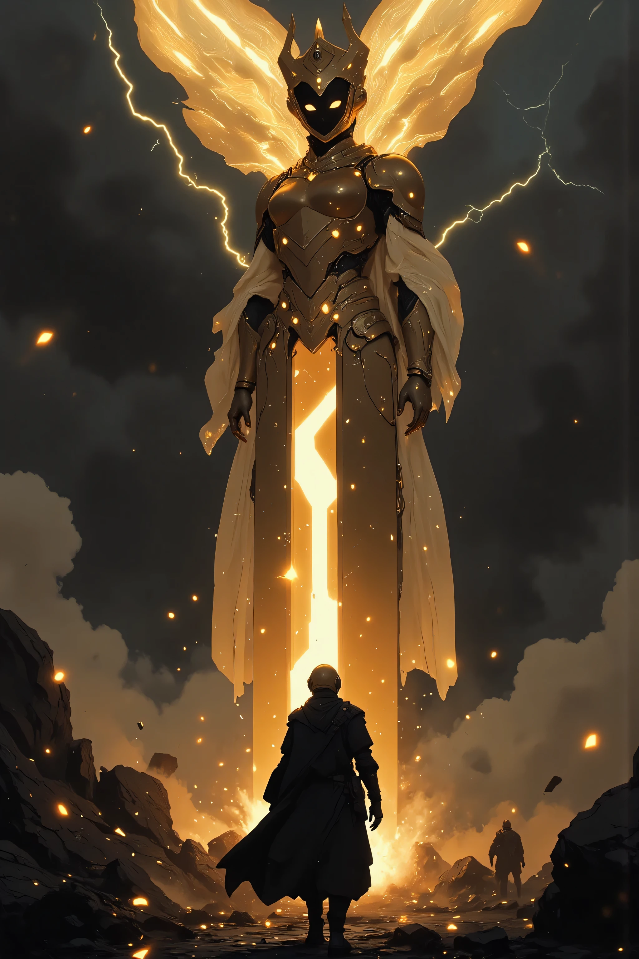 A Hero Landing、 Hero Landing、 samurai、 Suetsu、A cybernetic female cosmic  samurai、[Hero's Landing]: A mighty hero descends from the stormy sky, landing with a thunderous impact. [Golden light radiates from their metal armor], [lightning arcs through storm clouds above], creating [dynamic optical flares]. The ground cracks beneath their feet, sending debris flying. [Eyes full of determination] glow faintly, contrasting the dark and hazardous environment. Cinematic framing with volumetric lighting, HDR rendering for enhanced highlights and shadows. Ultra-detailed textures on the hero's armor and debris.