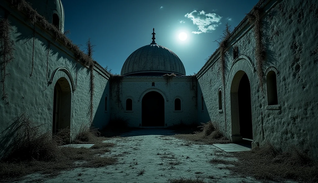 (Horror story title : Night behind the door of the old mosque)
Scene 1: Old Mosque View - Image of a quiet small village with an old mosque in the background, Al-Muqaddas Mosque, which looks worn and forgotten.
- The mosque looks haunted, with a dark twilight atmosphere, and leaves rustling in the wind.