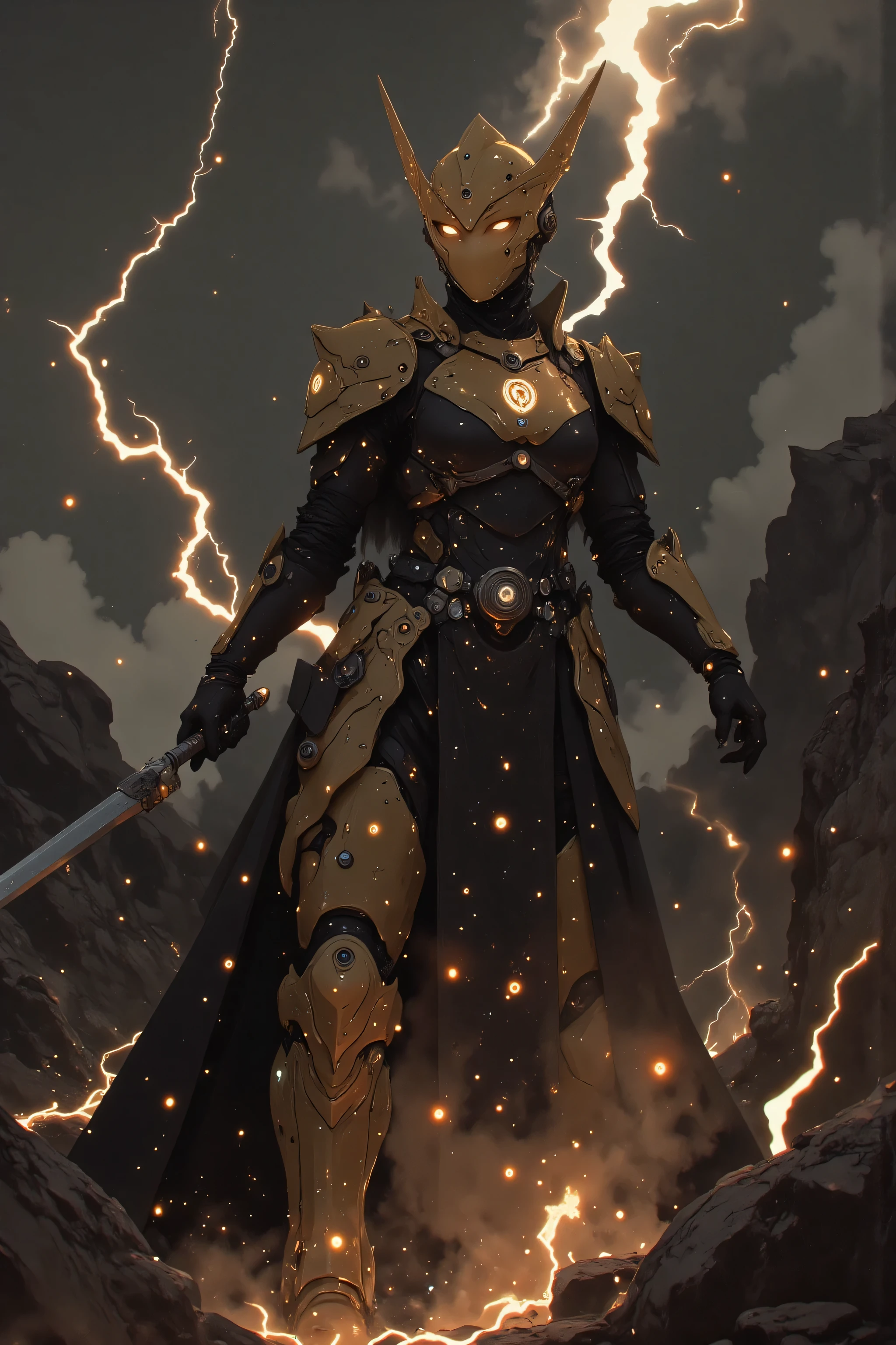  samurai、 Suetsu、A cybernetic female cosmic  samurai、[Hero's Landing]: A mighty hero descends from the stormy sky, landing with a thunderous impact. [Golden light radiates from their metal armor], [lightning arcs through storm clouds above], creating [dynamic optical flares]. The ground cracks beneath their feet, sending debris flying. [Eyes full of determination] glow faintly, contrasting the dark and hazardous environment. Cinematic framing with volumetric lighting, HDR rendering for enhanced highlights and shadows. Ultra-detailed textures on the hero's armor and debris.