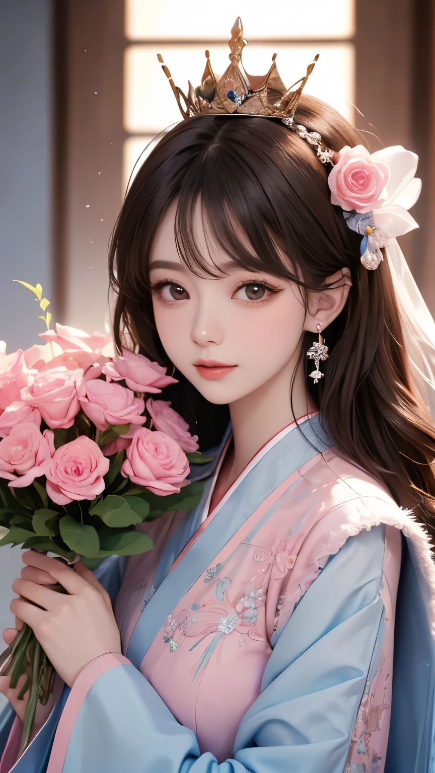 Full Front 、Center、Body orientation: Front 、Front 、Center、South Korea人、 Japanese、 beautiful women、30th Generation、 looking at camera、Front -facing、line of sight Front 、 upper body、gorgeous、Wear only Charisma 、顔Front 、body Front 、 , Vertical Roll, Reddish brown hair、very long hair, Light blue and pink hanbok 、 light blue and pink dress、Long Sleeve 、collar、With collar、 Unexposed 、Chima chogori、Korean traditional clothing、South Korea、hanok 、 holding a bouquet of flowers、 tiara 、crown、 princess、Castle、princess、 long hair、 gorgeous、pink dress、Heart's heart、Divine、 Fantastic、smile、Fluffy Waves 、goddess、 close-up、 Hair Flower、confidence、Light、royal palace、 earrings、ribbon、bell、White fur