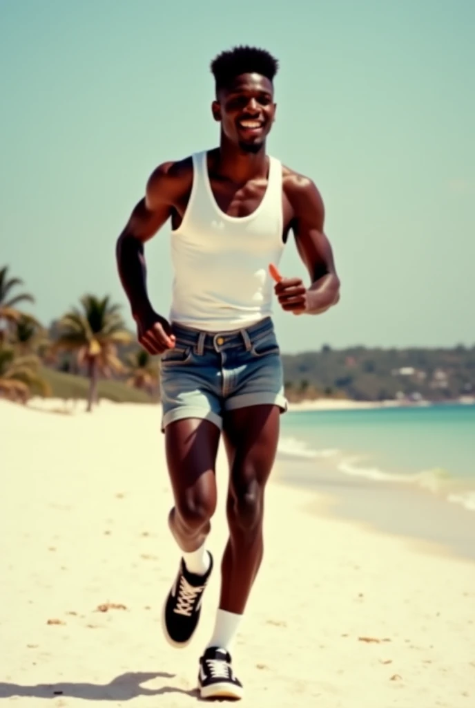 A black man wearing a tight pink tank top and tight underwear went to pick cotton but tripped and fell into the water.