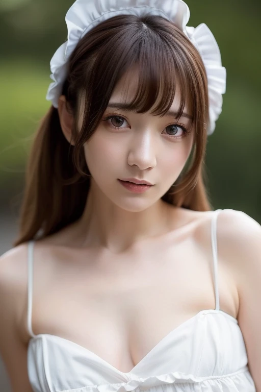 masterpiece, highest quality, 16K,enlightenment, Sax Blue, Green Earrings, green necklace, white dress, 1 girl, cute, (dynamic lighting:1.2), cinematic lighting, delicate features, detailed eye, sharp pupils, realistic student, in the forest, Bokeh, sharp focus, (super detailed, bloom, shine:1.4), green eyes、brown hair、she is a tree fairy、forest background、in the forest、headband、green extensions、Braid、