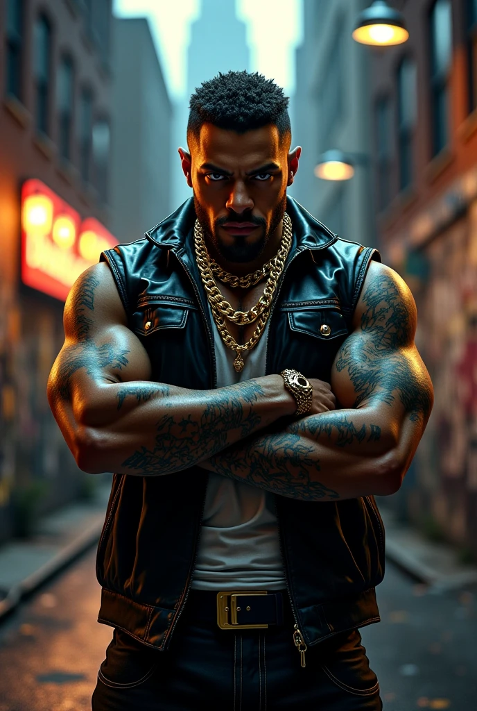 Pornstar Fusion, full body bodybuilder, dj, rapper, multimillionaire, Famous, masculine, disease, eyes, tough man, 1,85cm and 120kg of pure muscle 8% body fat , Silver chain with gold diamonds., Rolex luxury watch, 8 pack abs, You can see a big bulge in his pants, revealing his big XXL penis, which he hides full-length, 25 cm, in tight jeans and Everlast shoes, in front of two delighted and passionate women in leather and boots.. Background on an old street in Tokyo full of vibrant neon lights illuminating the numbers and signs of the shops. ((Perfect hands)), ((perfect finish)) ((perfect women)) ((perfect arms)) ((perfect bodies))