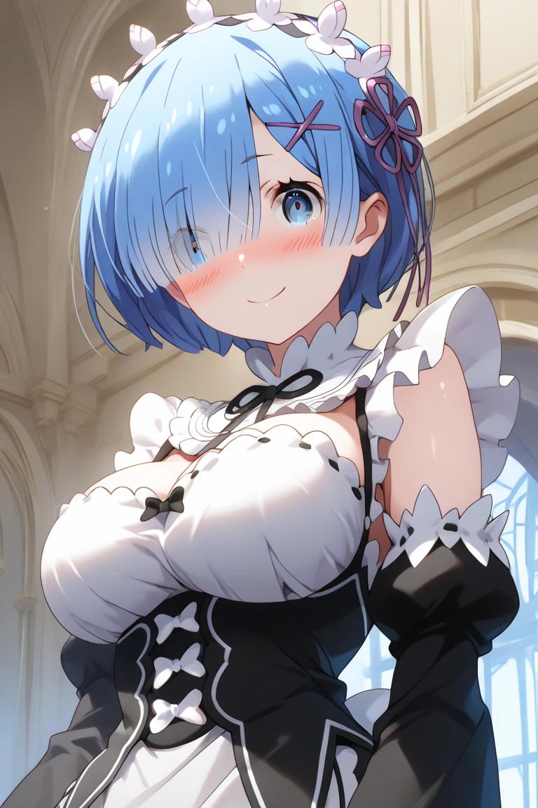 masterpiece, best quality, very aesthetic, absurdres, 1girl, mature_lady, holding 2 big white rabbits, rabbits cover breasts, upper body,,rem_(re:zero), re:zero_kara_hajimeru_isekai_seikatsu, 1girl, blue_eyes, short_hair, blue_hair, hair_over_one_eye, asymmetrical_bangs, x_hair_ornament, black_hair, blunt_bangs, breasts, hairband, wide_sleeves, apron, black_sleeves, detached_sleeves, dress, frilled_apron, frilled_sleeves, frills, juliet_sleeves, long_sleeves, maid, maid_apron, neck_ribbon, puffy_sleeves, ribbon, sleeveless, sleeveless_dress, waist_apron,in a church,cathedral,floating_hair