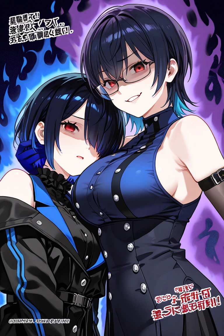 anime girl, dressed as a magician, blue hair, black top hat, smiling, magical assistant, wearing a black blazer, buttoned shirt, black leggings. body tattoo, tattooed body, in a skyscaper, in the night, imposing pose, smiling, displayed, 4k good anatomy