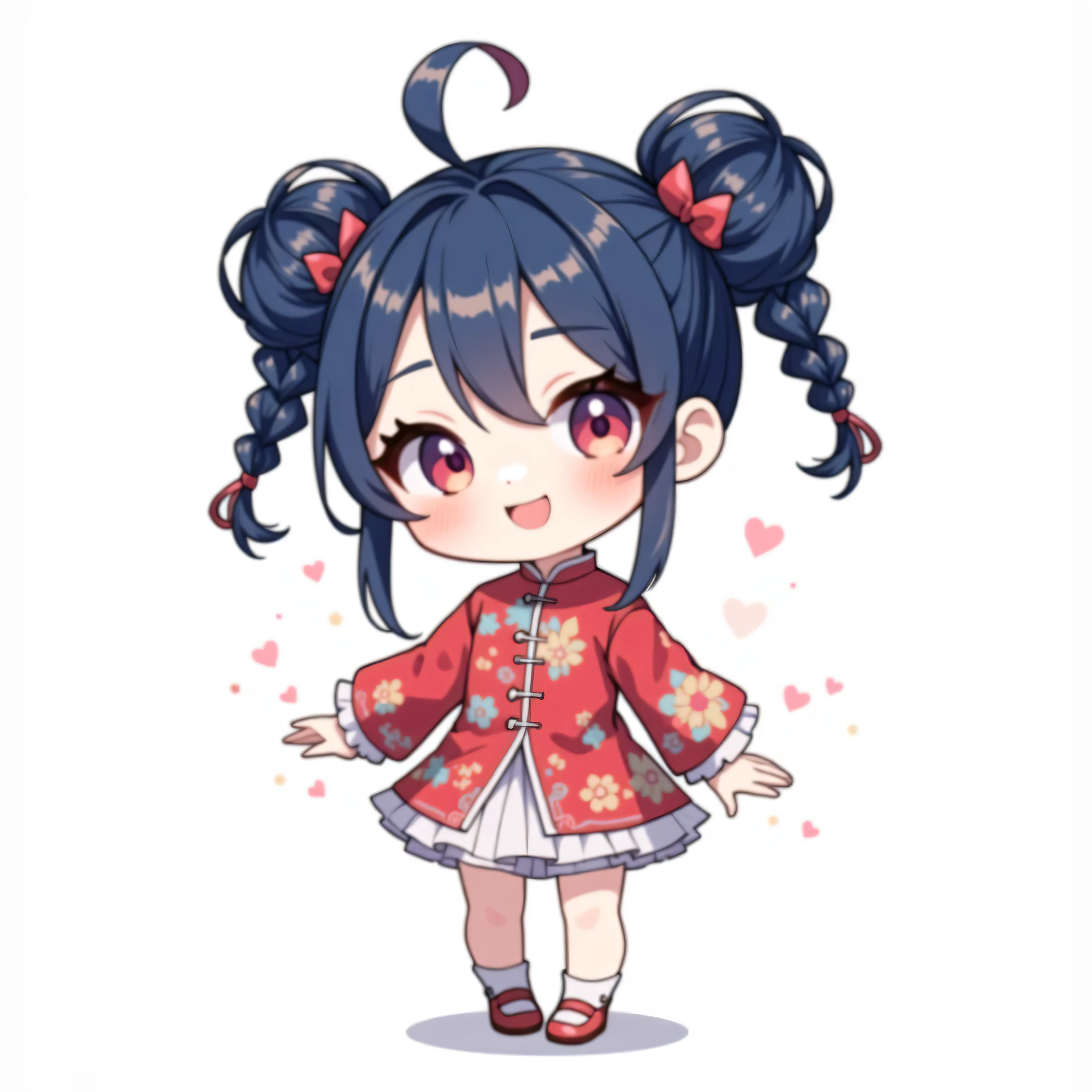 ( chibi:1.4), chibi character, chibi style, toe, (cwhite background:1.4),full body,masterpiece, high quality, 4K, HDR,, A girl with frills, anime style, with a cheerful smile、simple background、red china clothes、China、 bun hair, double braids, Navy blue hair color