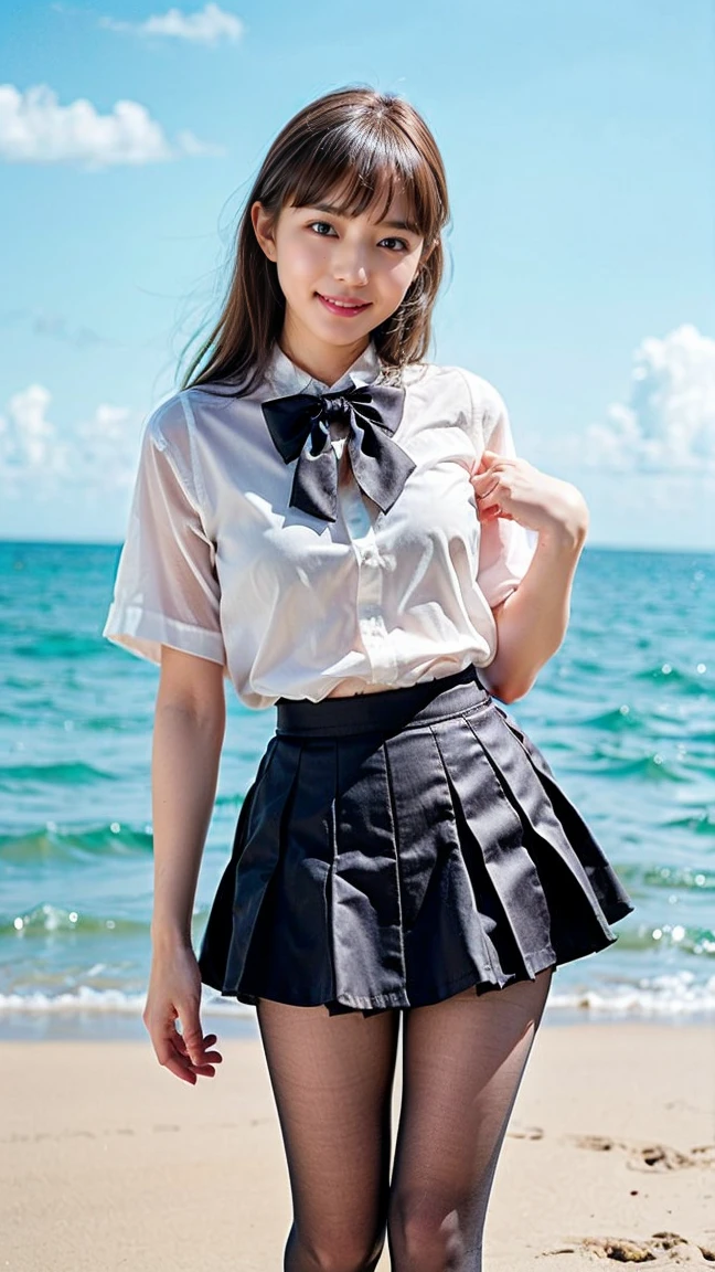 Highest quality, masterpiece m super high resolution, Japanese , high school,16 years old ,small breasts, under a wet transparent white shirt, sow off white panties under a wet transparent light blue short skirt , touch pussy, pussy juice, masturbation , conversation, smile, beach, hard rain