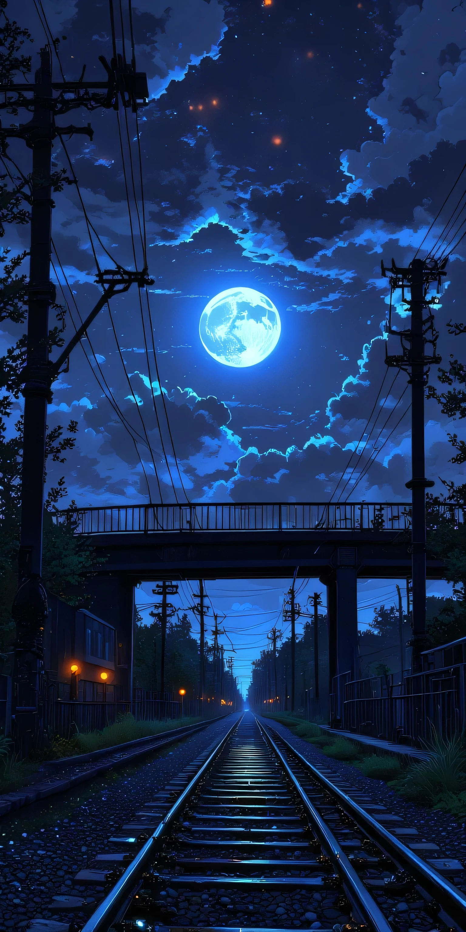 A beautifully illustrated anime-style night scene featuring a glowing full moon, a deep purple starry sky, and soft dreamy clouds. The scene is framed by detailed, silhouetted tree branches with small glowing fireflies. A railway bridge extends into the distance, adding a touch of urban realism to the composition. The atmosphere is serene and slightly magical, with subtle light reflections and vibrant anime aesthetics. The image has high detail, smooth shading, cinematic lighting, and a soft glow effect to enhance the dreamy ambiance. The perspective is immersive, with a balanced composition that highlights both nature and human-made structures in harmony."