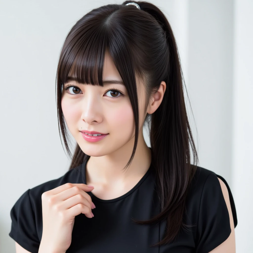 Jet black long hair、 hairstyle is straight、 light background、super long hair、ponytail、black maid outfit、ponytail