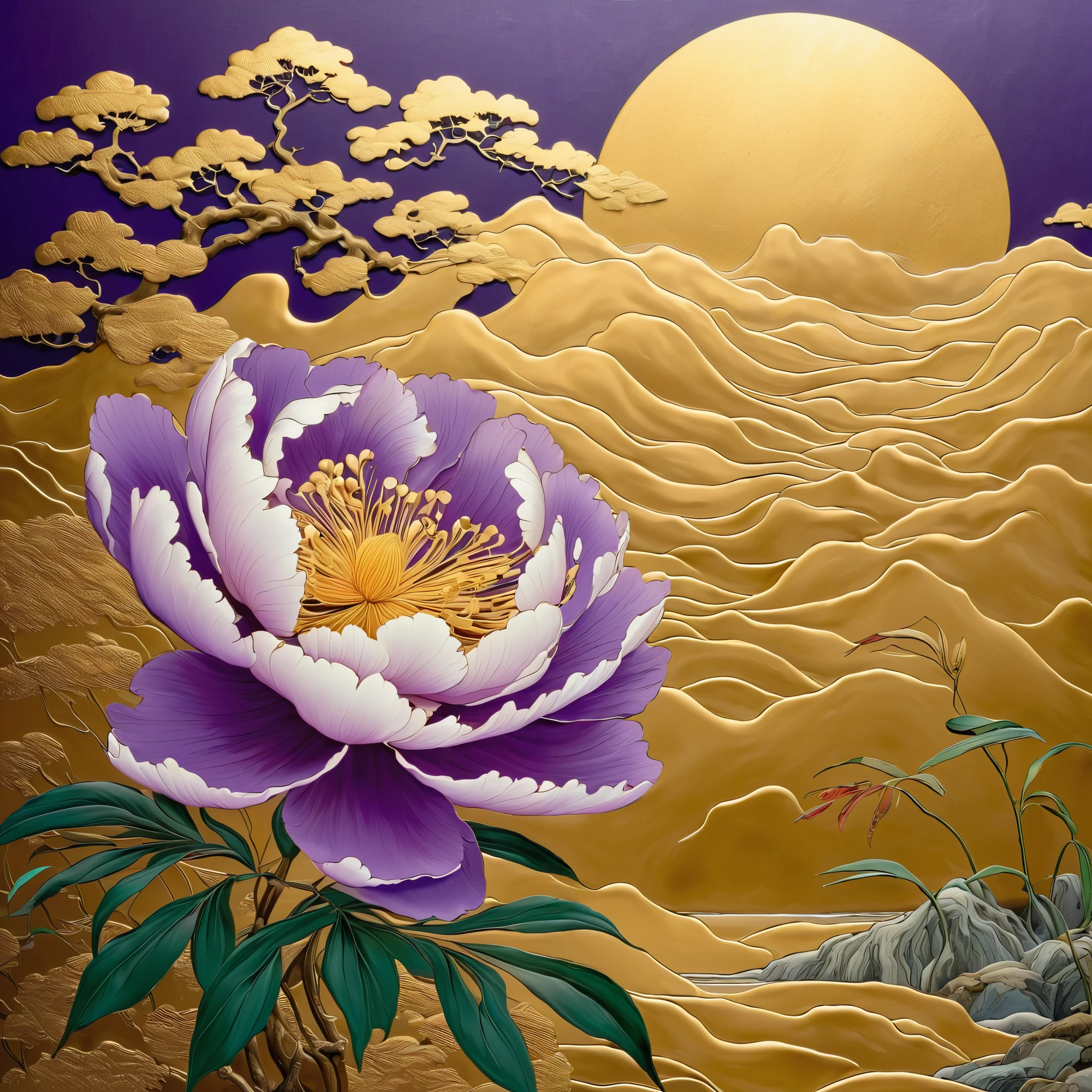 Made using traditional techniques,Japanese painting,Gold mud, watercolor,glitter powder,Shellfish ,depicting purple flowers,Gold mudに花の絵,Makie style,The folding screen installed in a temple in Kyoto is very beautiful.、painting style that enriches the viewer's heart, beautiful,classical painting,Ogata Korin 's painting style,Purple peonies,bright color,fusion of classical art and modern art, masterpiece,Super Detail