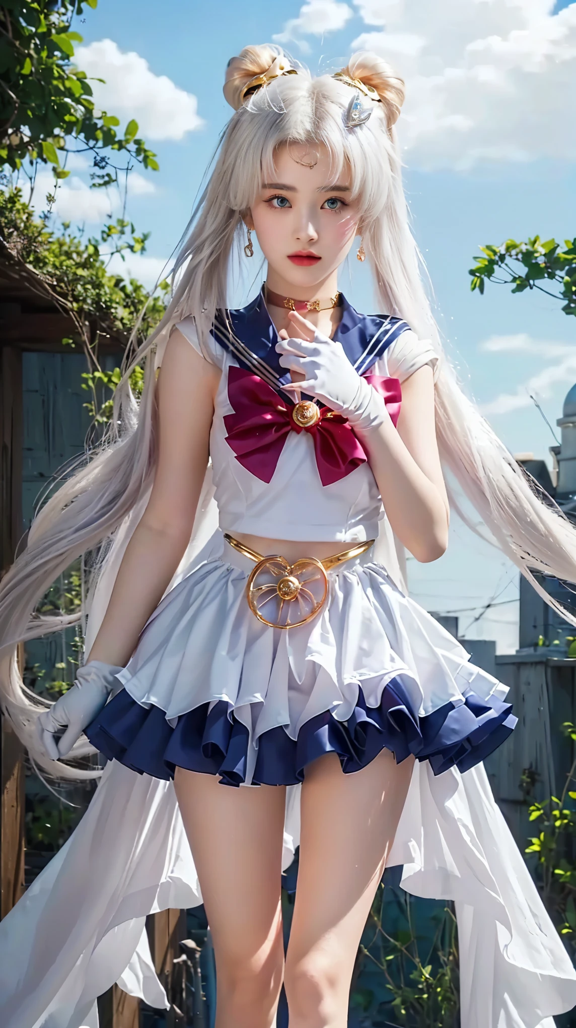 (( masterpiece)), (( of the highest quality)), ( super detailed ), ((Very detailed)), 4K, (8k), Hoshizuki,Chest full、Chest、 put your hands behind your back 、 Long golden hair, Two pippets, Sailor Moon aesthetic, pretty girl, rok berbulu, blue, Dream Core, 1girl , sailor girl, anime girl cosplay, anime cosplay, Sailor Moon style, inspired by Sailor Moon, Sailor Moon. beautiful, by Sailor Moon, cosplay photo, sailor moon!!!!!!!!, full-cosplay, cosplay, glamor cosplay, professional cosplay, anime girl in real life, Sailor Moon aesthetic, sailor uniform, public cosplay, white hair, ((Sad face)), chubby body, plump body, thin lips, shiny lips, blue eyes. long gloves, white gloves, crescent moon earrings, choker, gold belt, deserted city alley background, realistic