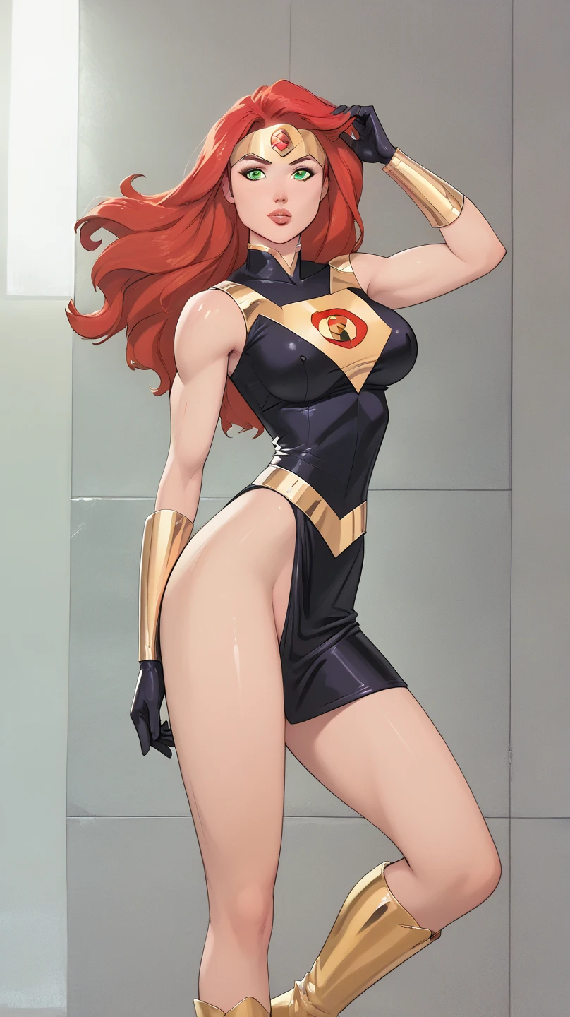 Sexy,Superheroine, Red hair, long hair, busty, ((blue highleg leotard with a t-back thong and a gold star insignia on chest)), gold boots, gold gloves, ass