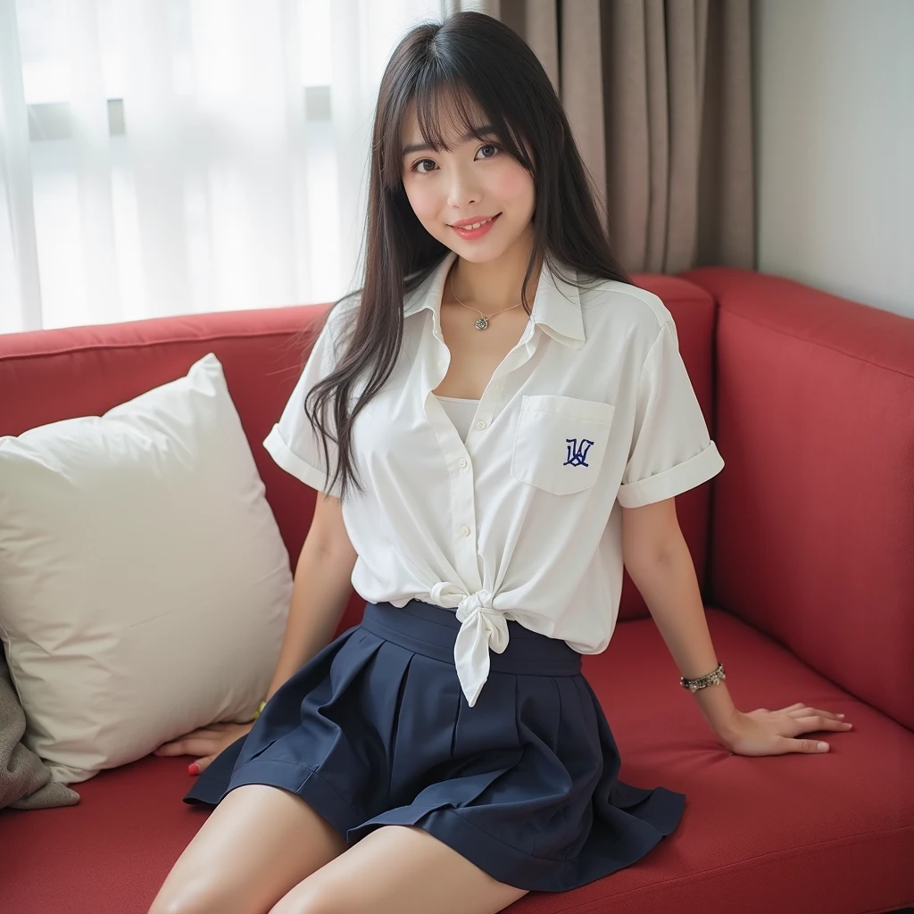 two girls standing in the park,Plain white school gym shirt with navy blue trim,Navy blue speed briefs,Red headband,White headband,18-year-old,bangs,A small smile,Thighs,knees,Straight hair with barrette,From below,Front light, White panties visible through the skirt、Lift the hem of your skirt with both hands to reveal your panties、Are thin、slender