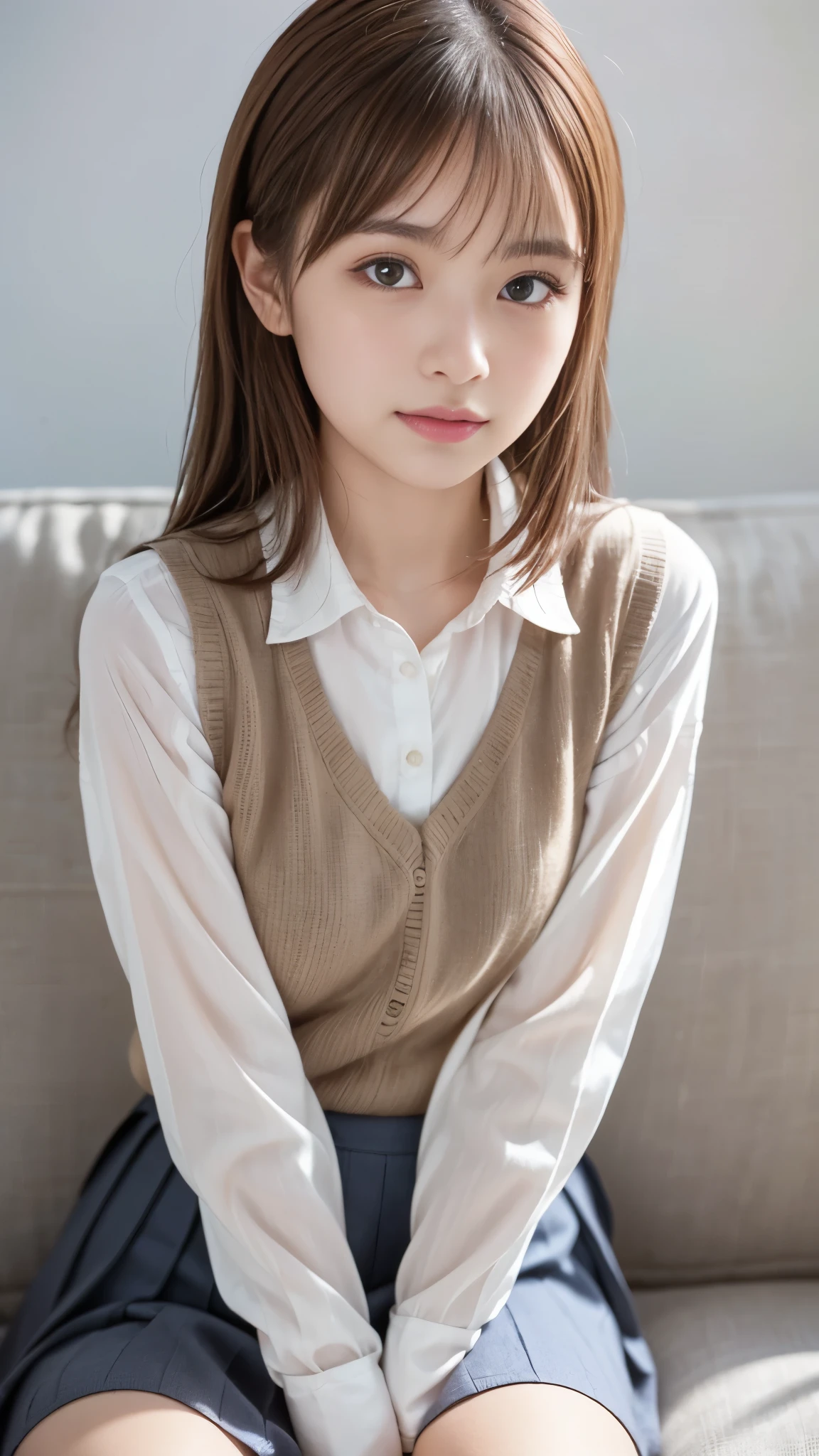 Highest quality, Focus on Your FACE , Soft light, Ultra High Definition, ( photorealistic:1.4), RAW photo,
1 japanese girl, alone, cute, (pupil, pupilに光), beautiful face with great attention to detail , ( small breasts),( high resolution detail of human skin texture),
(medium hair),
couch,
school uniform, Charcoal Vest, skirt,
(Thin upper thighs), (perfect right hand:1.29)