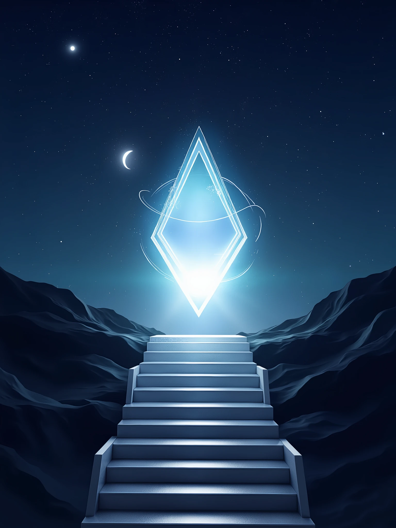 Stairway leading to a glowing geometric shape (futuristic portal), deep night sky background (stars + moon silhouette), mysterious atmosphere, nighttime serenity, deep perspective composition, dark tones highlighting the light, fusion of futuristic tech and mystical aesthetics